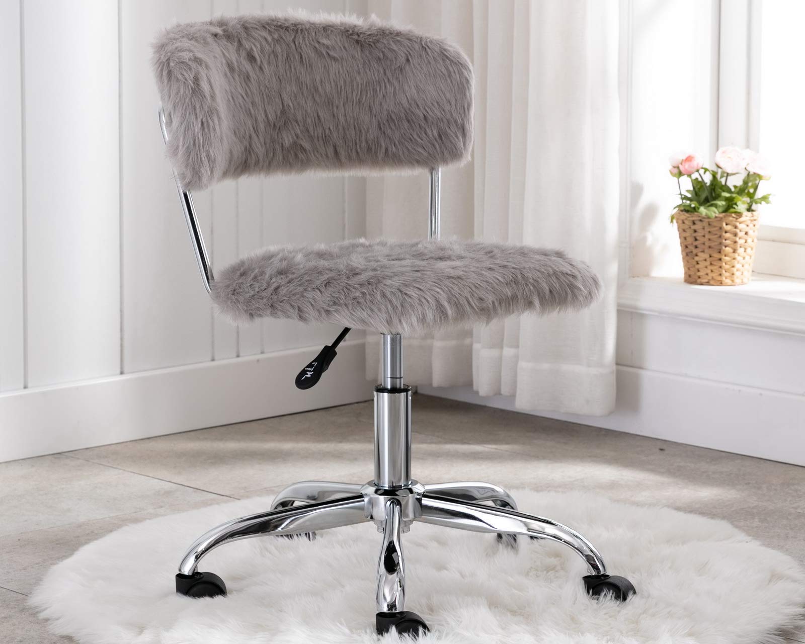 Grey Fluffy Upholstered Swivel Desk Chair - Adjustable Height, Armless Vanity Chair for Home Office, Study Room & Dorm | Cozy Workstation & Gaming Chair