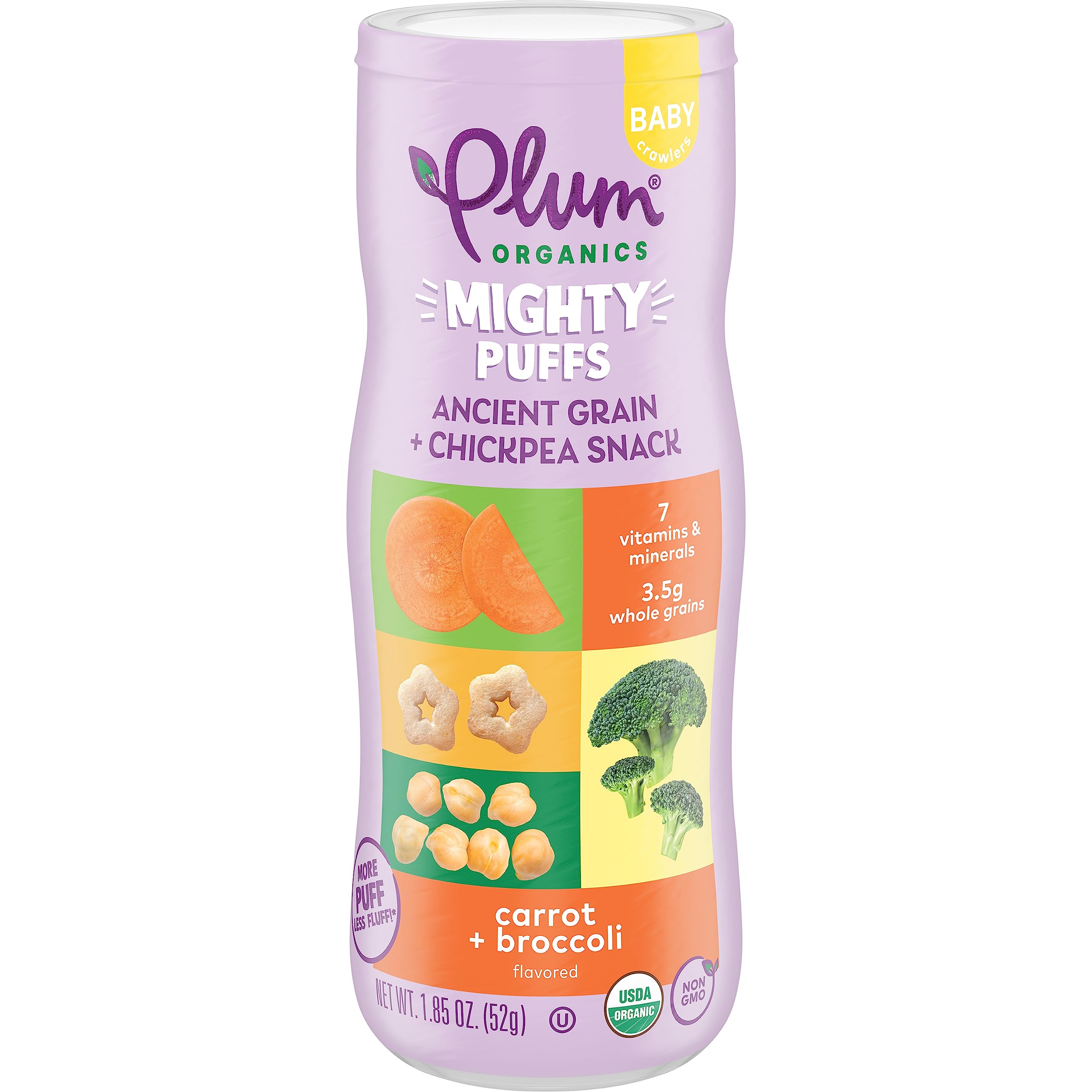Organic Baby Food Snacks - Plum Organics Mighty Puffs Carrot & Broccoli - 1.85oz Canister with Ancient Grains & Chickpeas - Healthy Toddler Snack for On-the-Go, Daycare & Travel