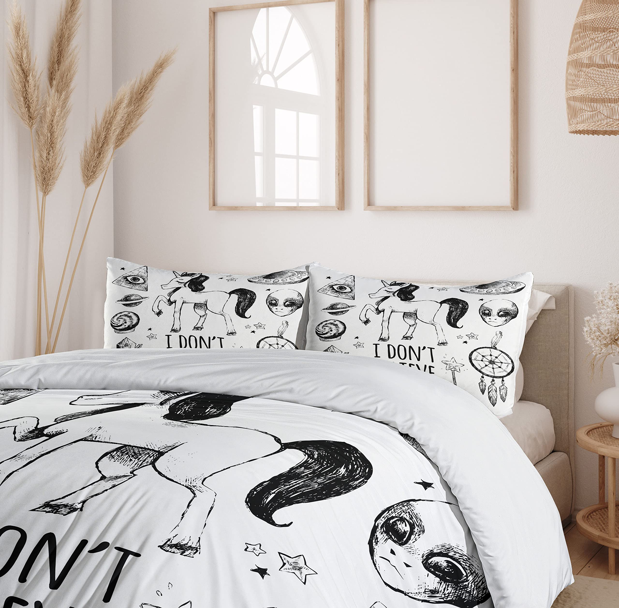 Ambesonne Unicorn Duvet Cover Set - 3 Piece Bedding with 2 Pillow Shams, California King Size, Black - Fantasy Art Print with Pyramids, Aliens & Planets - Perfect for Kids' Rooms, Themed Bedrooms & Unique Home Decor