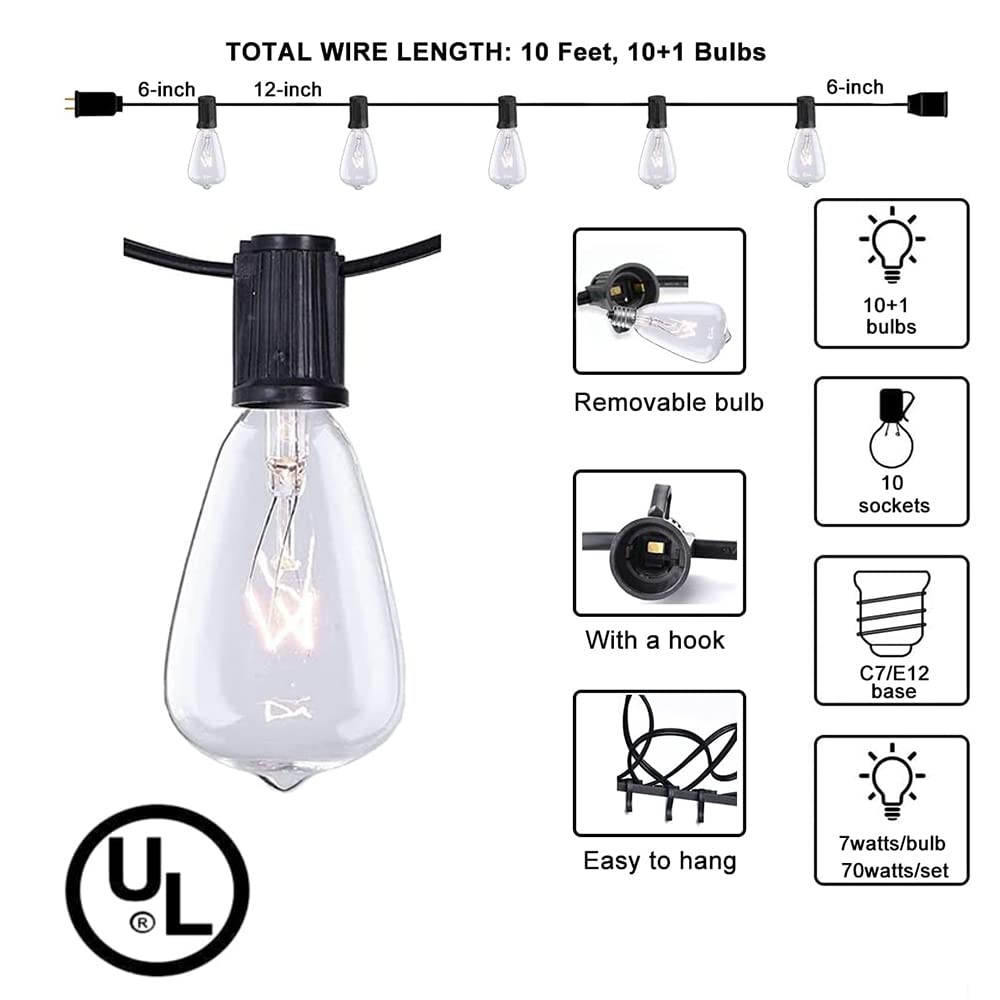 Couah 10Ft Outdoor Patio String Lights with Edison Bulbs - Waterproof Hanging Lights for Garden, Porch, Backyard, Deck & Party Decor (Includes 1 Extra Bulb, Black) - Perfect for Weddings, BBQ Nights & Outdoor Gatherings