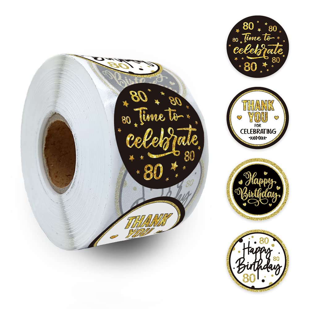 REWIDPARTY 80th Birthday Stickers - 500 Adhesive Round Thank You Stickers for Happy 80th Birthday Party Favors, Anniversary Decorations - Perfect for Milestone Celebrations, Gift Wrapping & Scrapbooking
