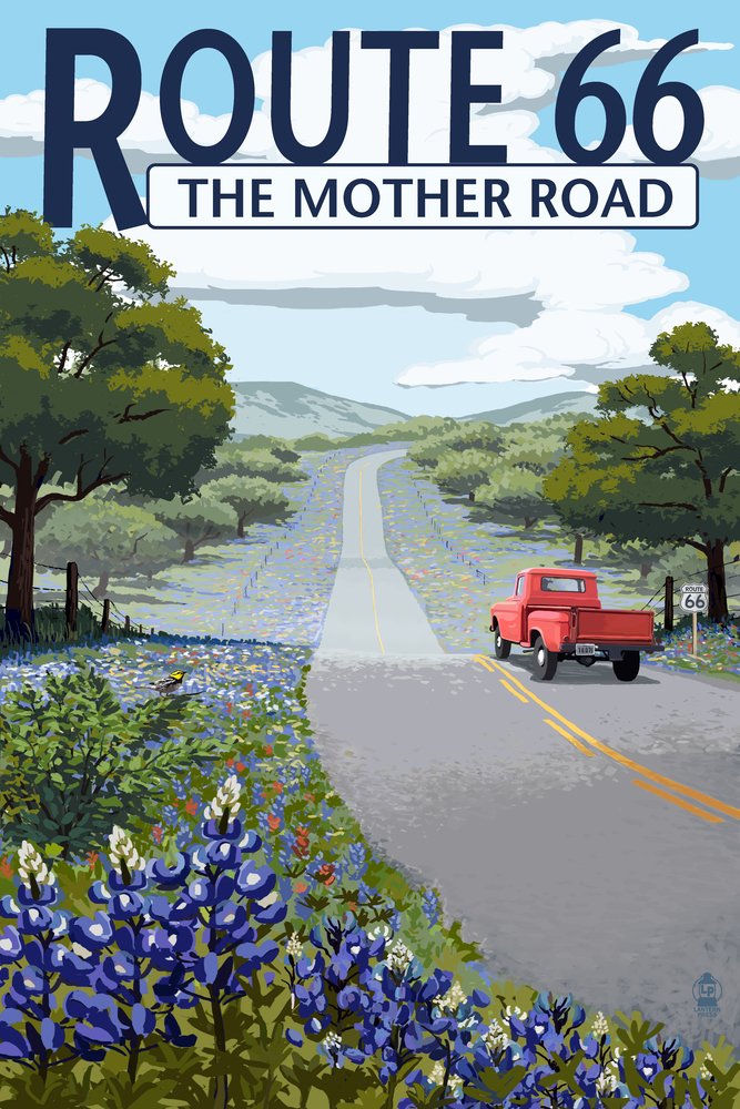 Lantern Press Route 66 Highway and Wildflowers Wall Art - 16x24 Wrapped Canvas Print for Home & Office Decor - Perfect for Living Room, Bedroom or Gift