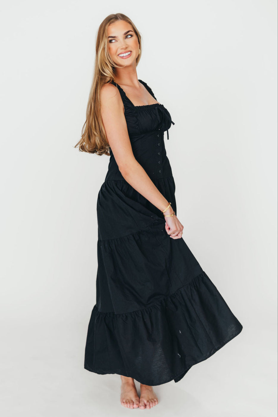 Sutton Corset Button Down Tiered Maxi Dress for Women - Elegant Black Long Dress with Flowy Skirt | Perfect for Weddings, Parties & Special Occasions