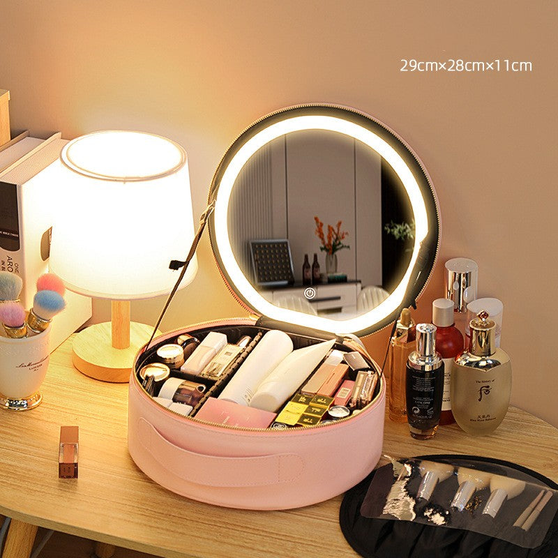 Round Smart LED Makeup Bag with Mirror Lights - Large Capacity PU Leather Cosmetic Case for Women | Travel Organizer & Beauty Storage | Perfect for Travel, Home Vanity & On-the-Go Touchups