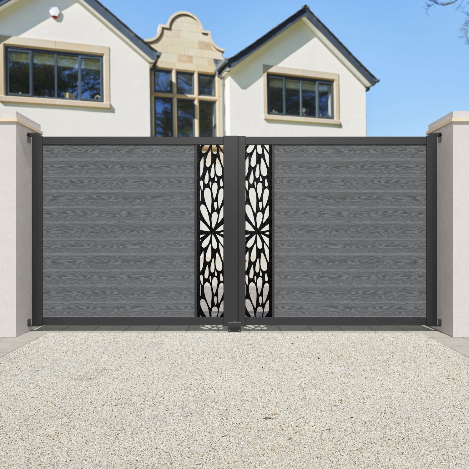 Classic Blossom Straight Top Driveway Gate in Mid Grey with Middle Screen - Elegant and Durable Entry Solution for Homes, Gardens, and Commercial Properties