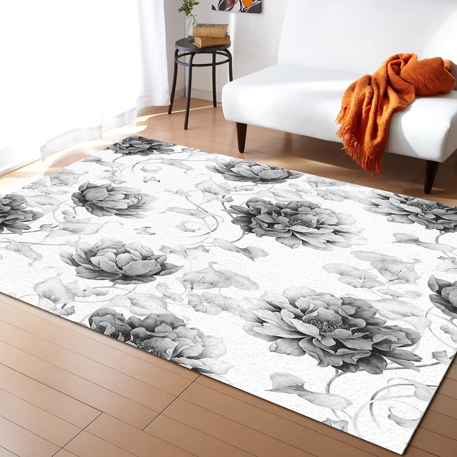 Non-Slip Contemporary Indoor Area Rug - Retro Floral Black White Peony Design, Rubber Backed Fade-Proof Washable Comfort Carpet for Living Room & Bedroom Decor, 5' x 7' - Perfect for Boho Chic, Farmhouse & Modern Home Styles