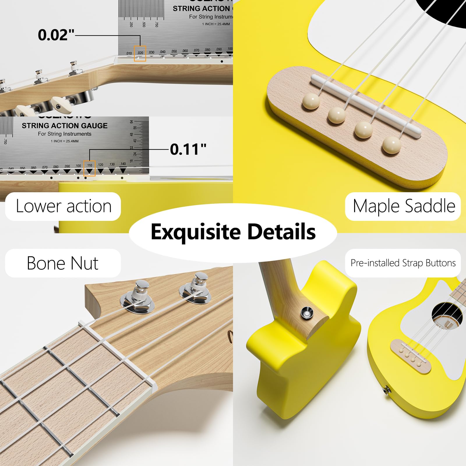 21.5 Inch Soprano Ukulele Beginner Kit with Gig Bag, Digital Tuner & Accessories - Spruce Wood with White Pickguard, Yellow Finish (P005WYE) - Perfect for Beginners, Travel, Beach Performances & Music Lessons