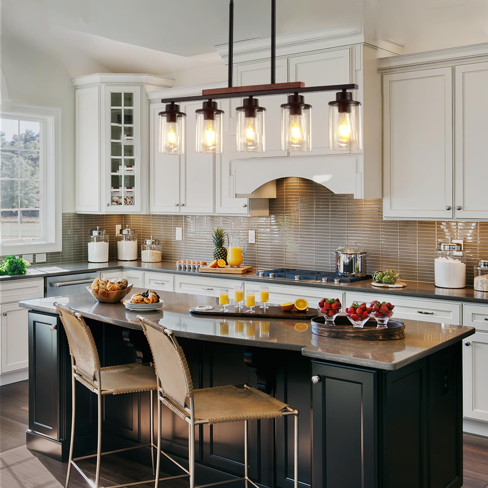 5-Light Black Farmhouse Chandeliers with Clear Glass Shade and Wood - Linear Ceiling Pendant Light Fixtures for Dining Room and Kitchen Island Lighting, Perfect for Modern and Rustic Home Decor
