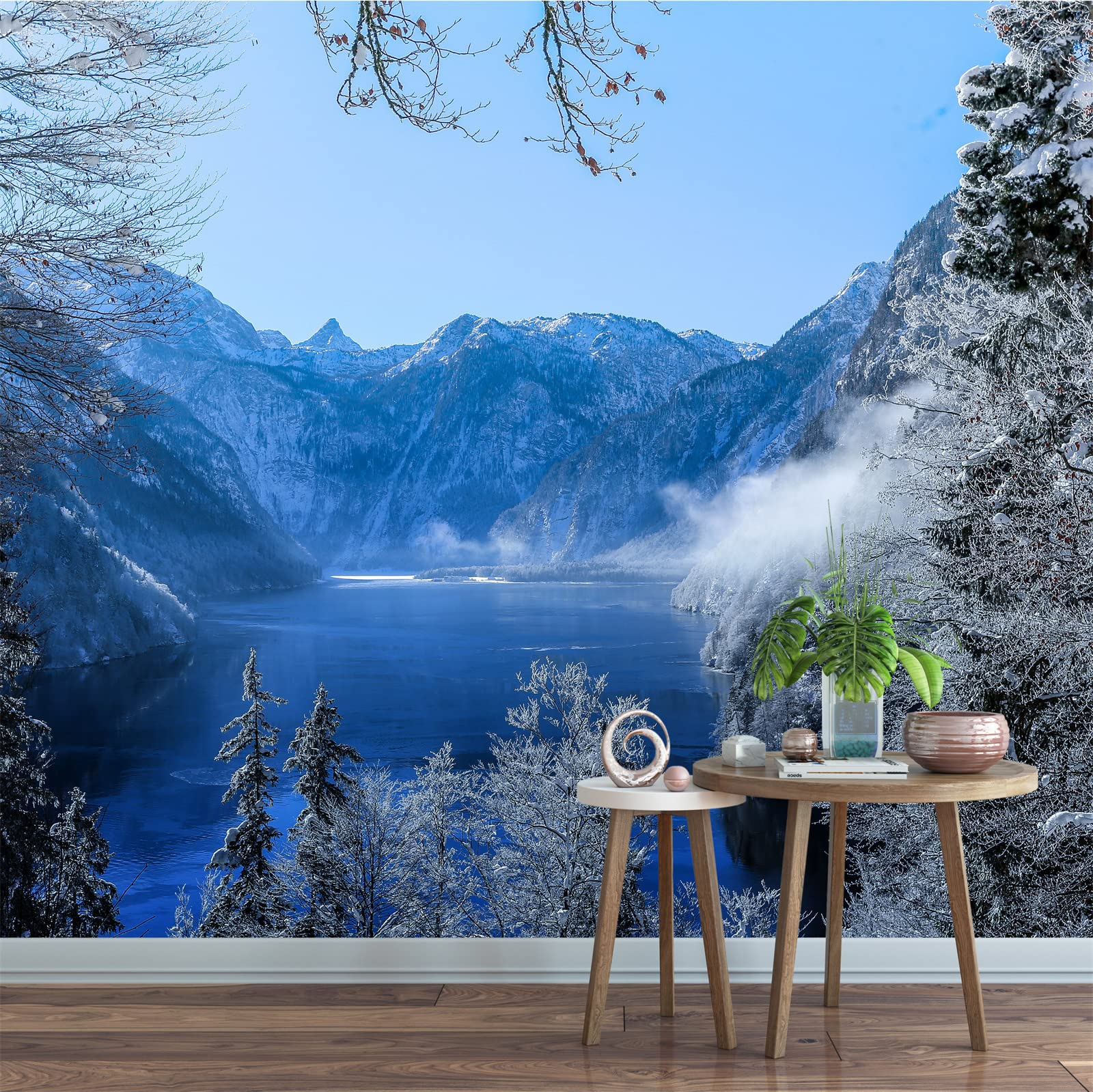Misty Mountains Lake Winter Trees Landscape Wall Mural - Large Removable Wallpaper Sticker for Living Room, Bedroom, Office & Kids Room Decor - 144