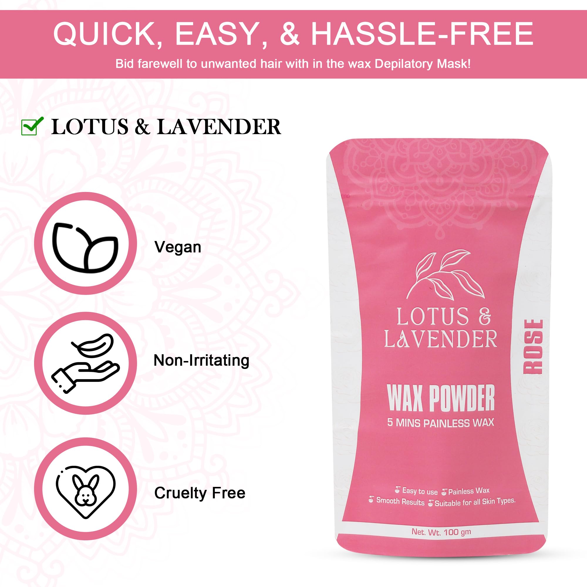 Lotus & Lavender Natural Hair Removal Wax Powder - Painless Full Body Depilatory in 5 Minutes | Chemical-Free, Non-Irritating Formula for Sensitive Skin (Rose Scented) | Perfect for Smooth Legs, Arms & Bikini Line at Home