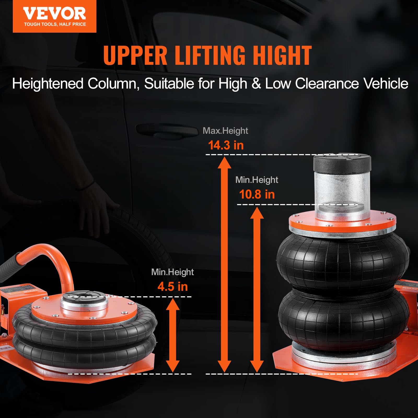 VEVOR 3 Ton/6600 lbs Air Jack for Car Repair - Heavy Duty Two Bag Pneumatic Lift with 6 Steel Tubes, Thick Rubber Pad & Heightened Column (Lifts up to 14.3