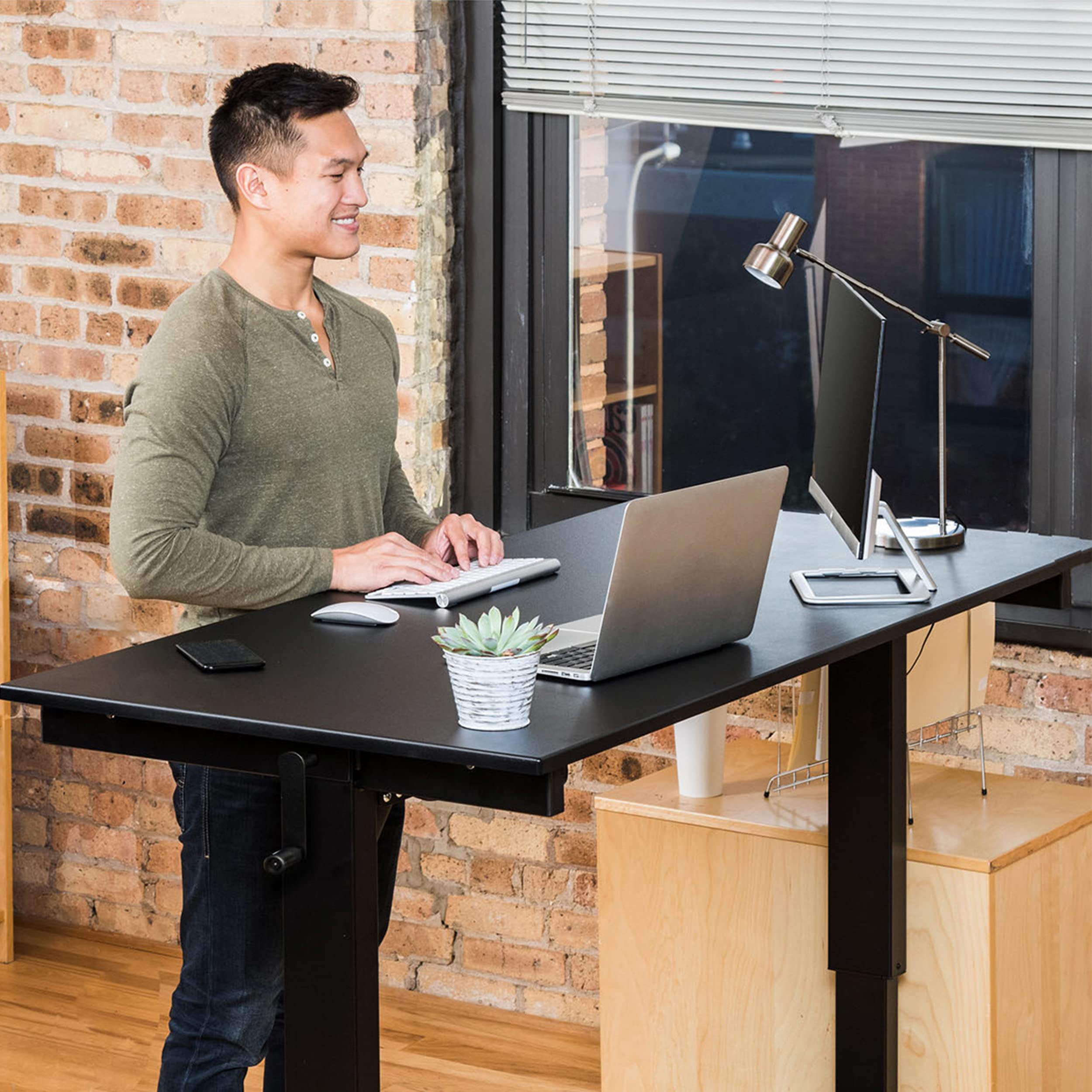 Adjustable Height Crank Standing Desk with Wheels - Black Frame & Matte Black Top, 60