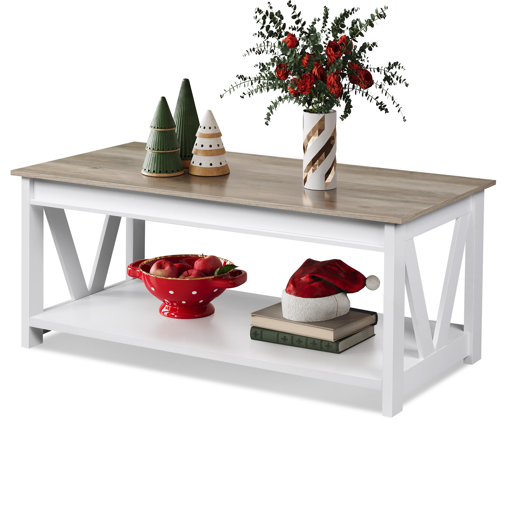 43 Inch Farmhouse Coffee Table with Storage Shelf & V-Shaped Support - Solid Wood Living Room Center Table for Bedroom, Office, Balcony - White | Rustic Home Decor, Perfect for Small Spaces & Coffee Lovers