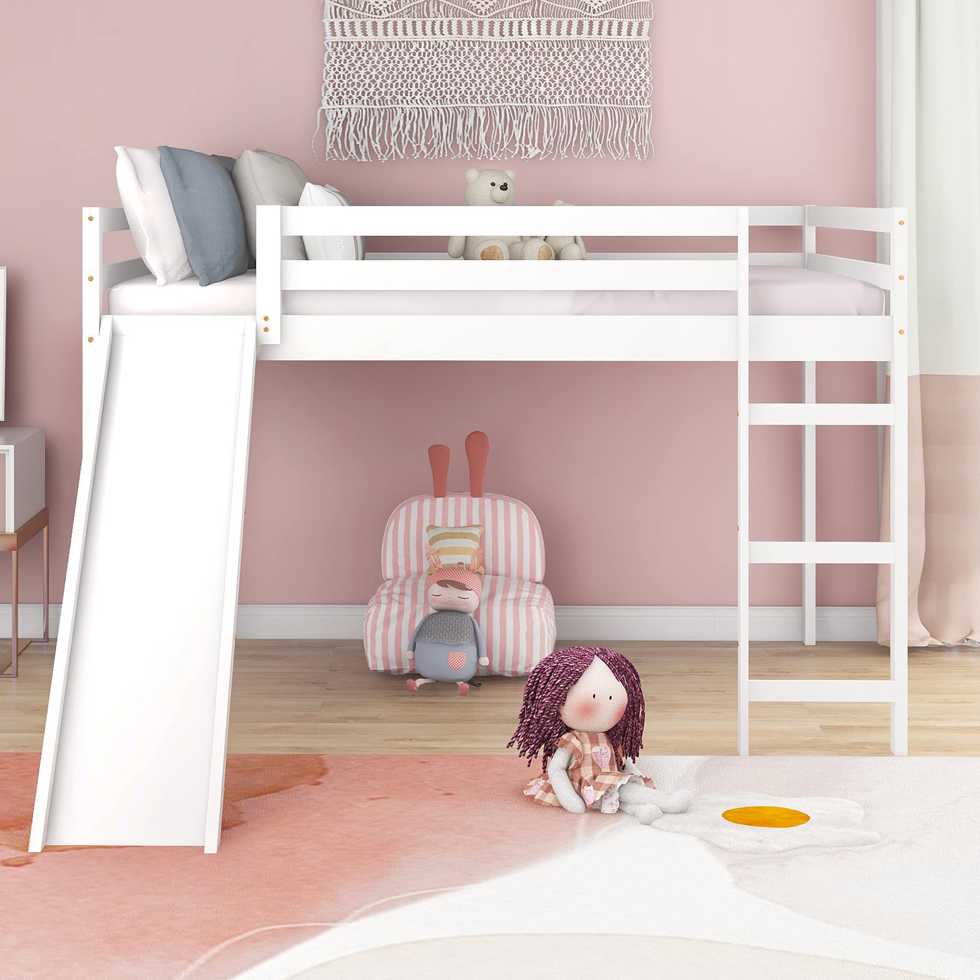 P PURLOVE Full Size Wooden Loft Bed with Slide for Kids & Teens - Low Profile Design, No Box Spring Needed - Perfect for Small Bedrooms, Playrooms & Dorm Rooms