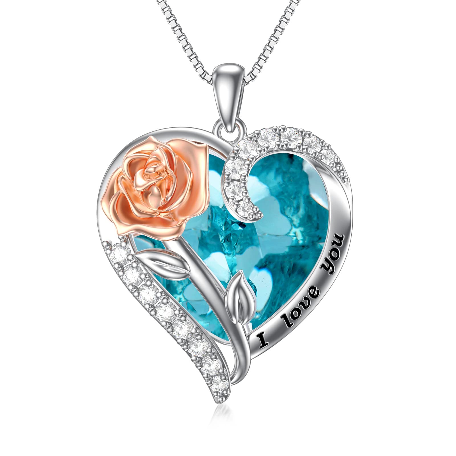 TOUPOP Rose Flower Necklace - 925 Sterling Silver Rose Crystal Pendant with Heart Birthstone, Valentines Day Gifts for Her, Wife, Girlfriend, Mom | Anniversary & Birthday Jewelry | Perfect for Romantic Dates, Proposals & Special Occasions