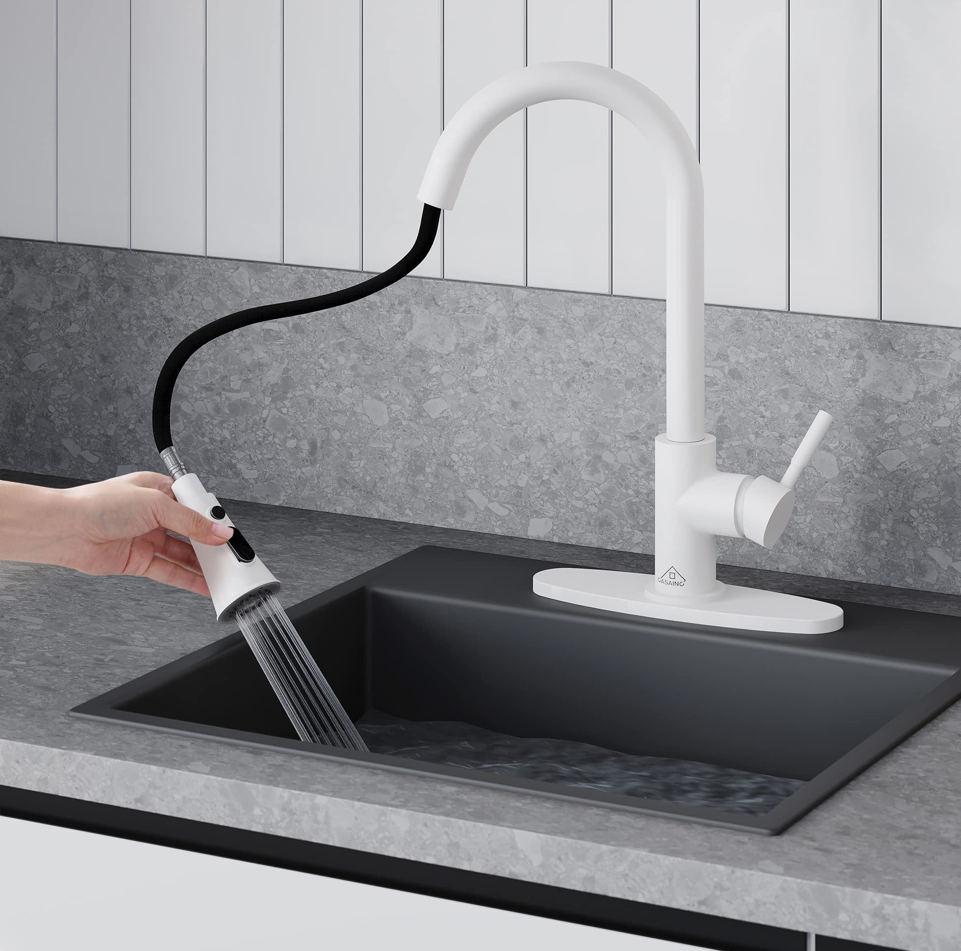 Premium Matte White Kitchen Faucet with Pull Down Sprayer - 3 Function Spray Modes & Pause Button - 1.8 GPM Lead-Free Copper Construction - 15.25