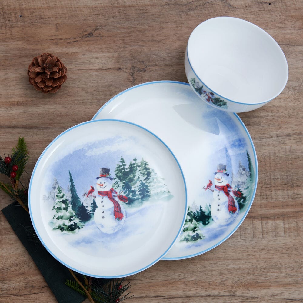Snowman Forest 12-Piece Dinnerware Set for 4 - Holiday Dinner Plates, Bowls & Mugs - Christmas Tableware for Family Gatherings & Festive Celebrations