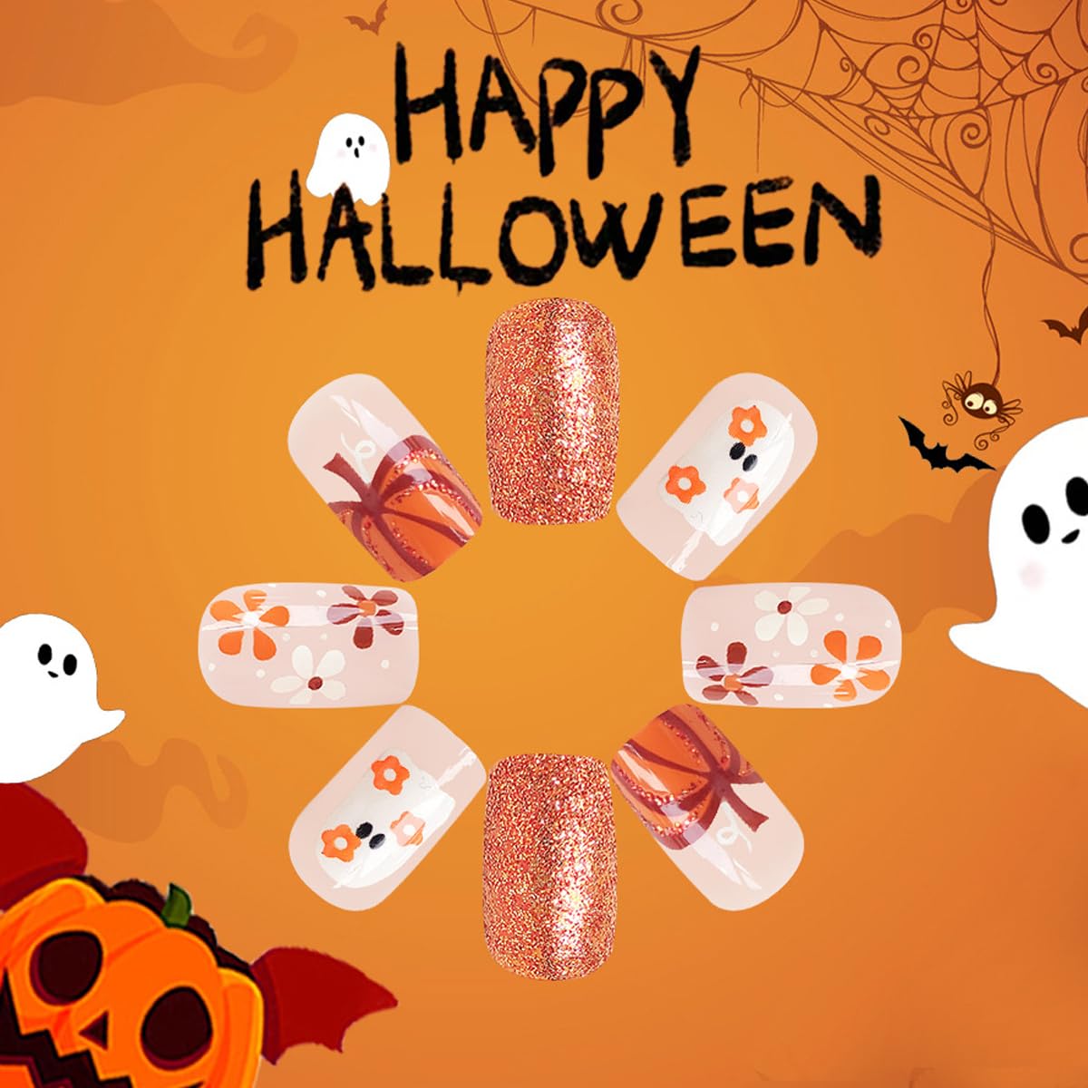 Halloween Press on Nails - 24Pcs Square Medium Fake Nails with Ghost, Flower & Pumpkin Designs | Glossy Stick on Nails for Women | Perfect for Costume Parties, Trick or Treat & Spooky Manicures