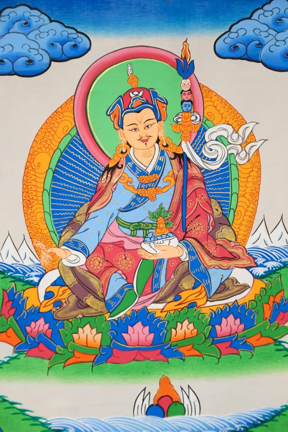 Authentic Guru Rinpoche Framed Thangka Painting - Tibetan Buddhist Wall Art Decor for Meditation Room, Home & Office Spiritual Display