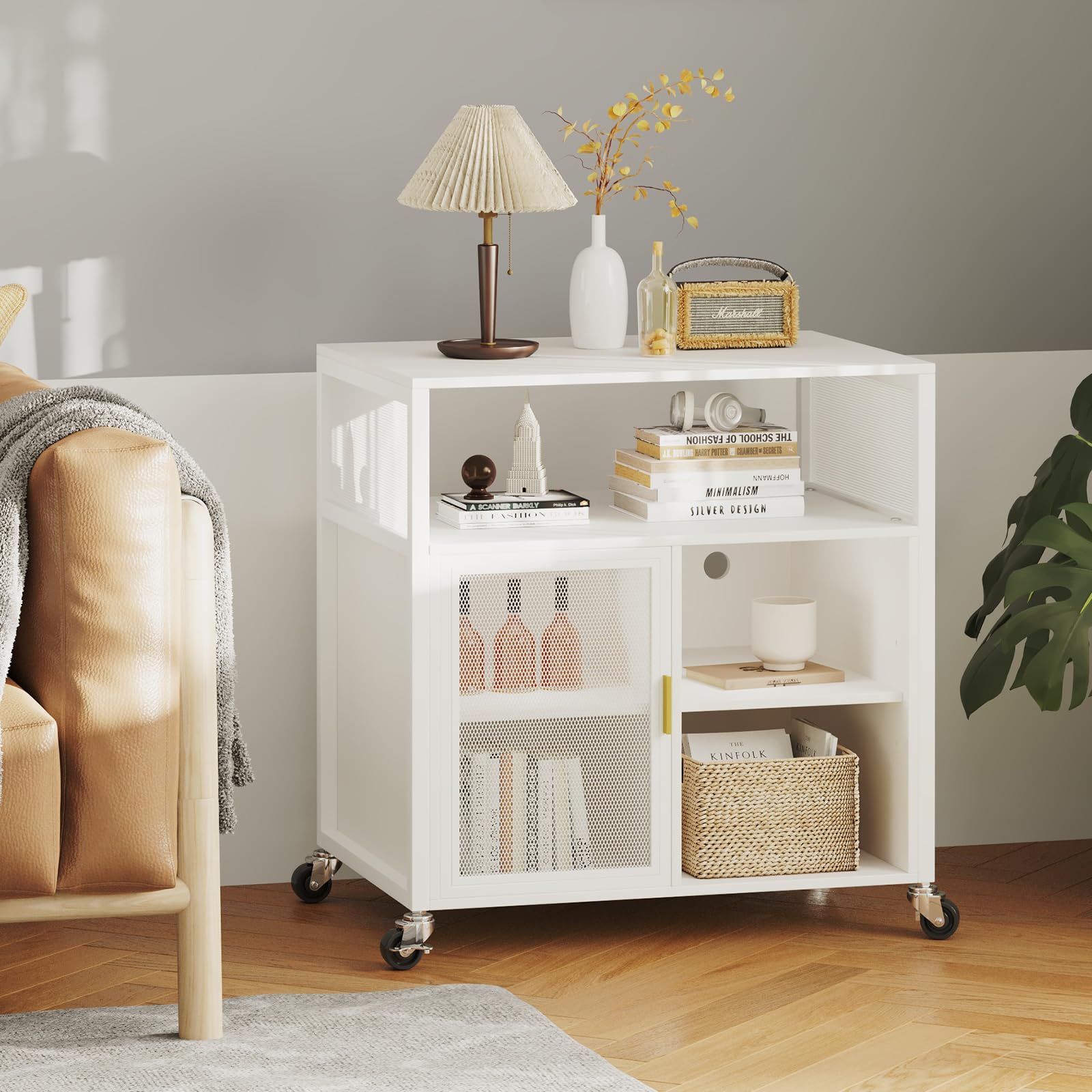 Industrial Printer Stand with Storage & Wheels - 4-Tier File Cabinet with Charging Station, Home Office Printer Table for Paper, Letter & File Organization (White) - Perfect for Small Spaces & Workspace Organization