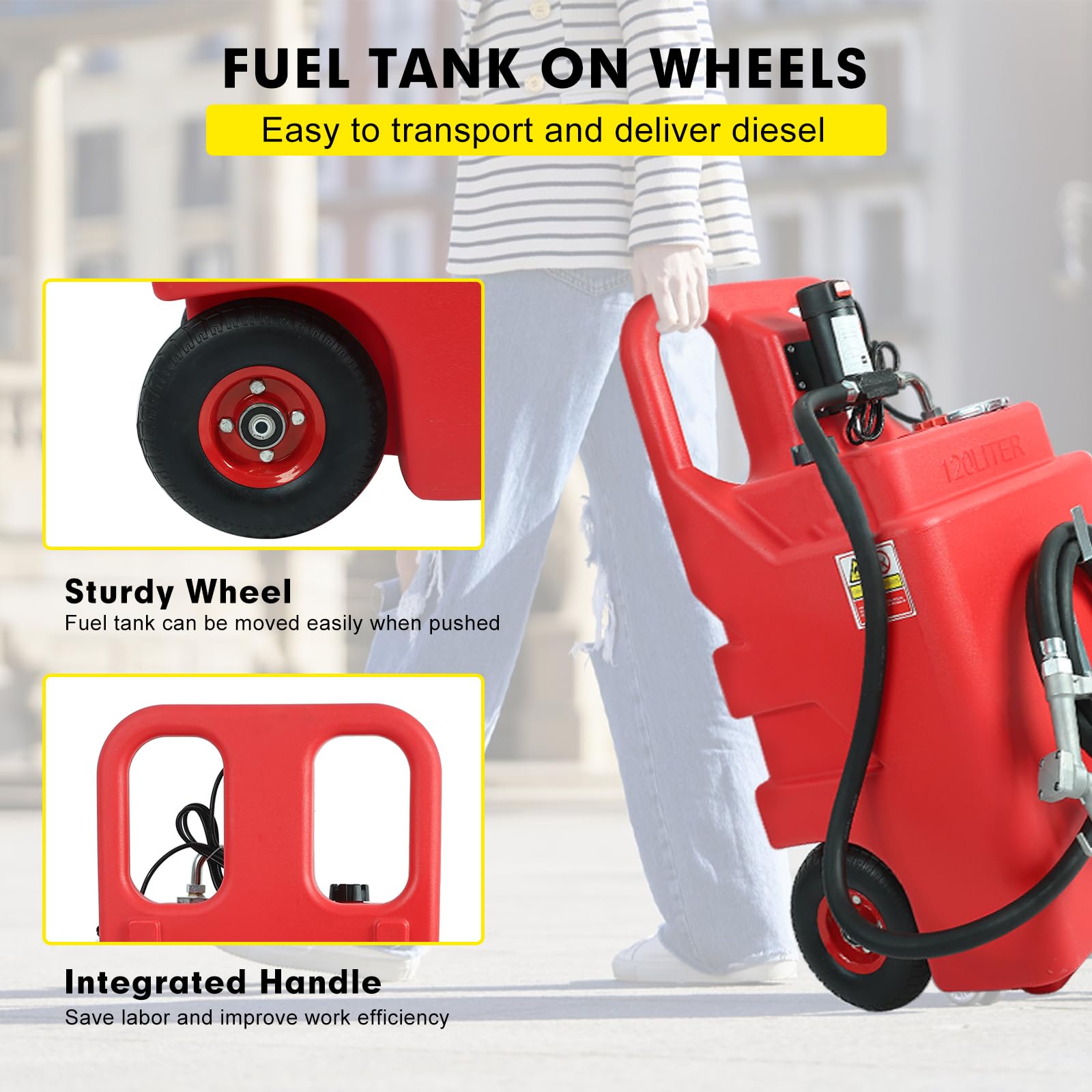 32 Gallon (120L) Heavy Duty Portable Diesel Fuel Tank with 12V Electric Pump (10 GPM) - Includes Sturdy Wheels, Top Handle, 13ft Hose & Oil Gun for Transport, Storage & Refueling Trucks, Equipment & Generators