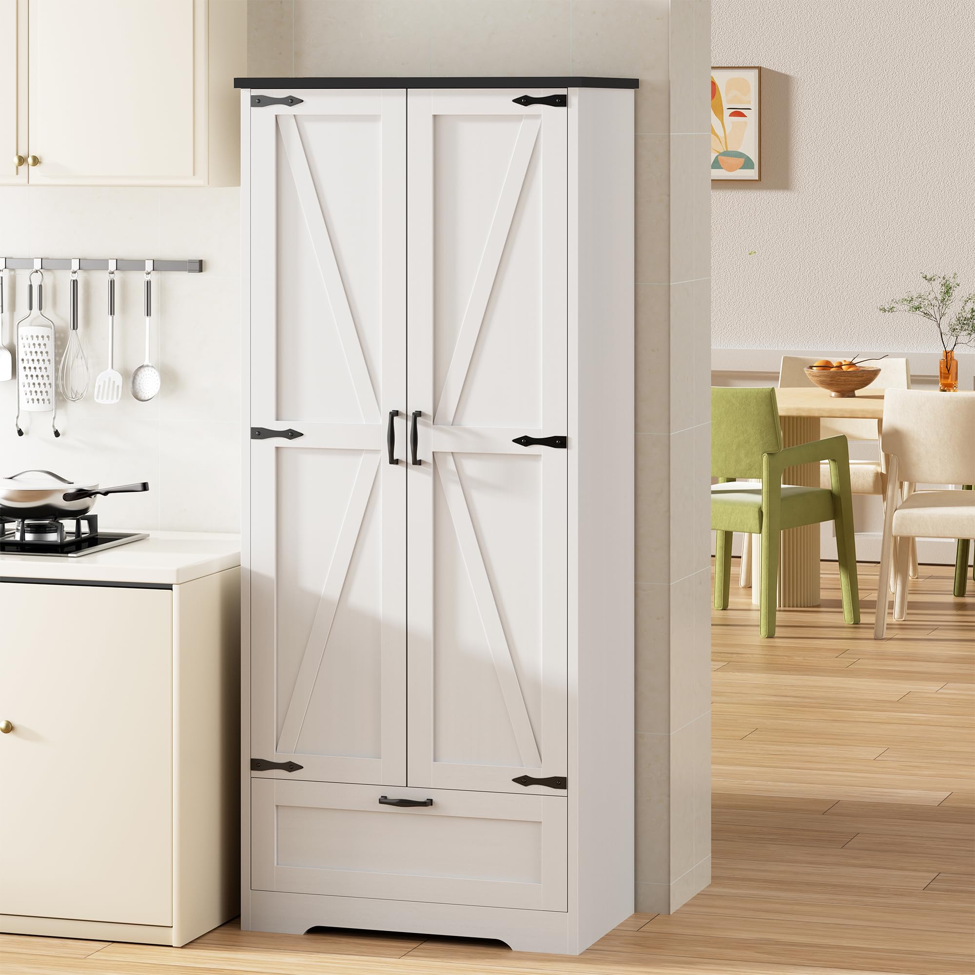 Shintenchi White Farmhouse Kitchen Pantry Cabinet - Freestanding Storage Cupboard with 4 Adjustable Shelves & 1 Drawer - Perfect for Organizing Kitchen, Dining Room, Bathroom or Living Room - Ideal for Storing Dishes, Linens, Towels & Home Essentials