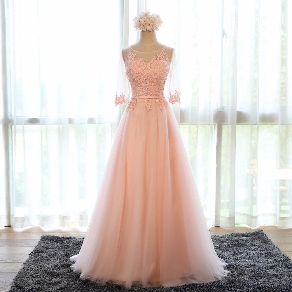 Kivary® Peach-Pink Sheer Half Sleeves A-Line Corset Prom Evening Dress for Women - Elegant Formal Gown for Homecoming, Wedding, and Special Occasions