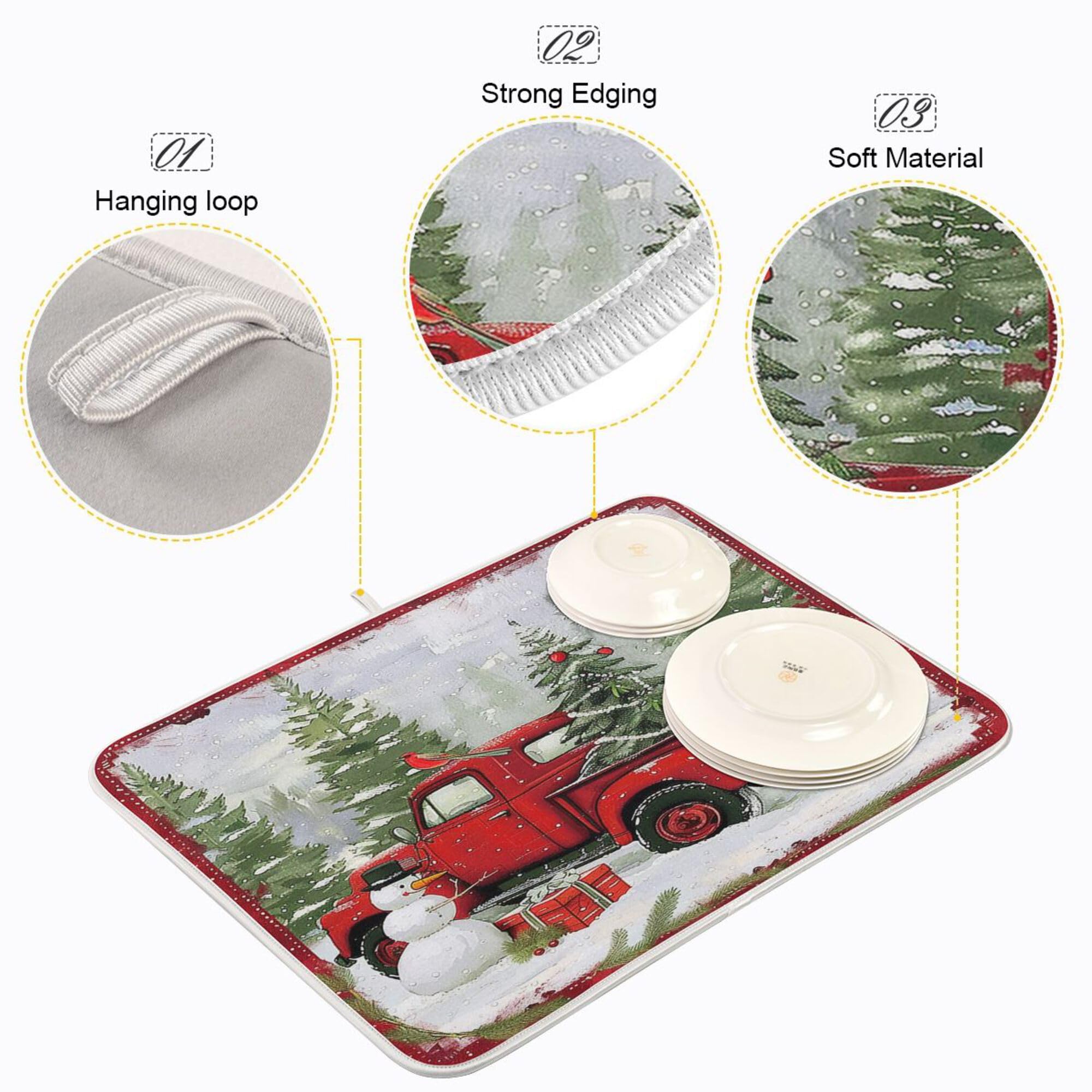 Christmas Red Truck Snowman Dish Drying Mat 18x24 - Absorbent Fast Dry Kitchen Accessories for Winter Holiday Decor, Xmas Tree Dishes & Snowflake Themed Kitchens - Perfect for Holiday Entertaining, Dish Drainer Rack & Festive Home Decor