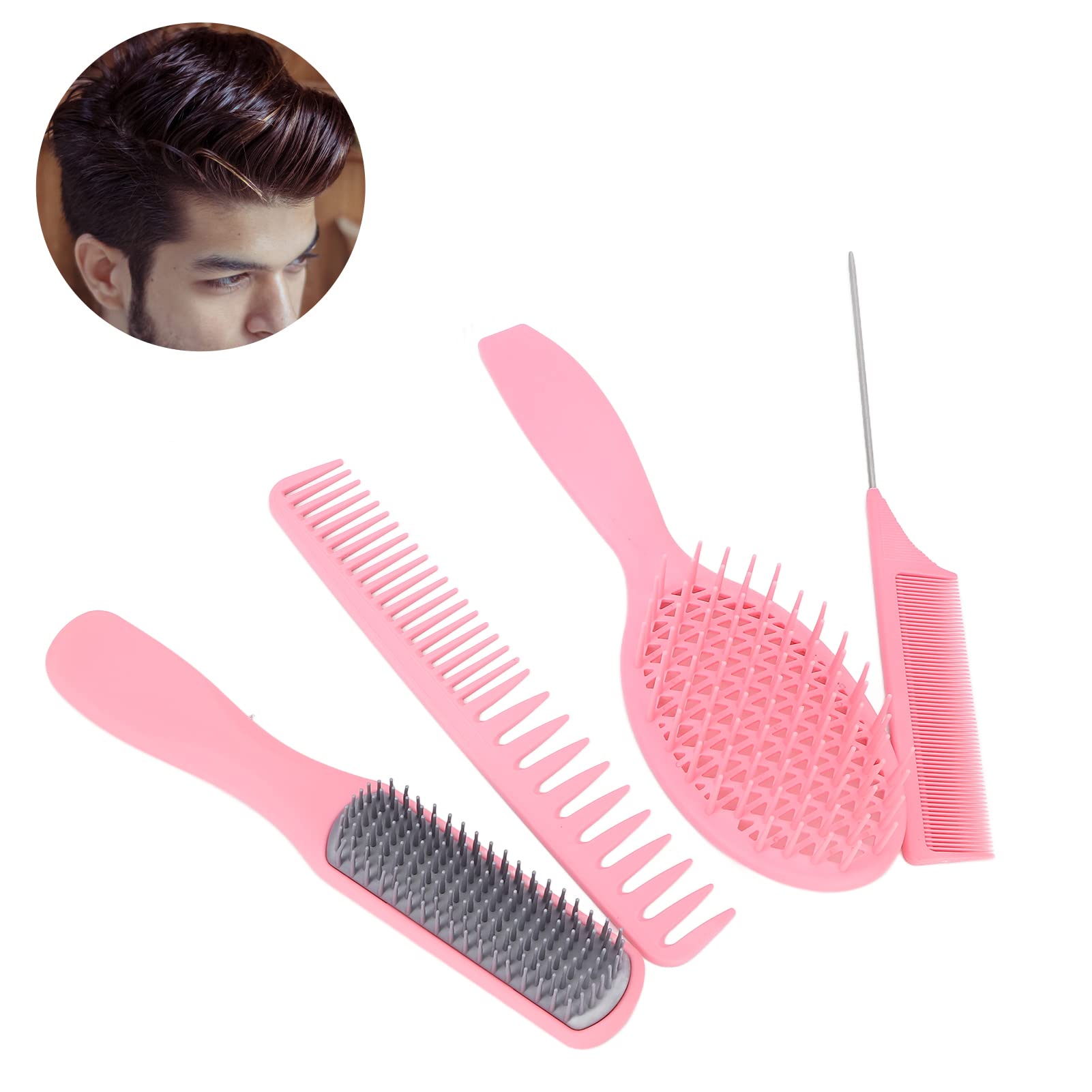Detangling Hair Brush Set - 4pcs Ergonomic Scalp Massage Comb & Tail Comb for Smooth Hair, Portable for Travel & Home Use, Salon Quality (Pink, Boxed) - Perfect for Styling, Detangling & Scalp Care at Home, Salon or On-the-Go