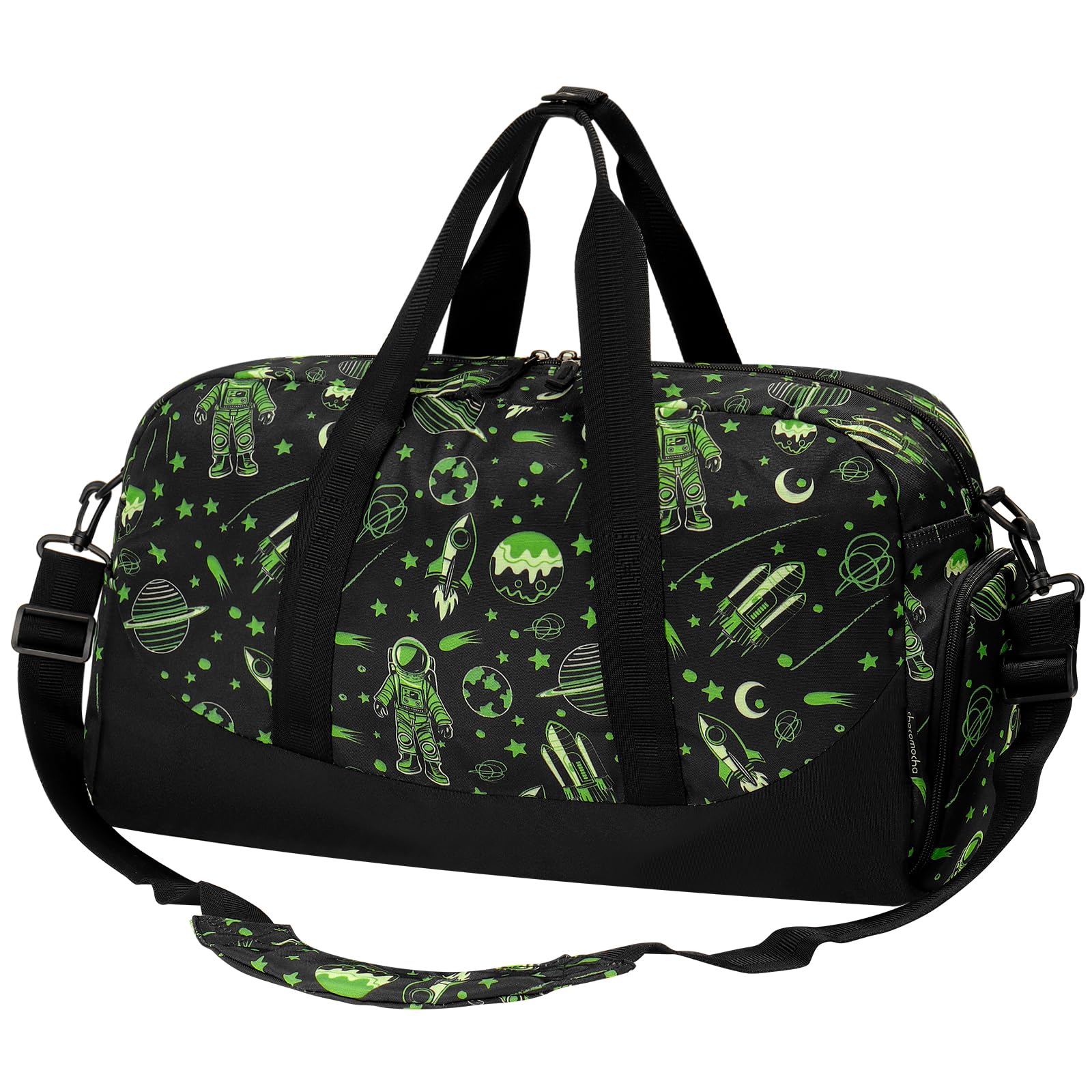 Choco Mocha Kids Astronaut Duffle Bag - Boys Travel & Overnight Backpack - Toddler Weekender Bag - Black Space Themed Carryall - Perfect for School, Sleepovers & Weekend Trips