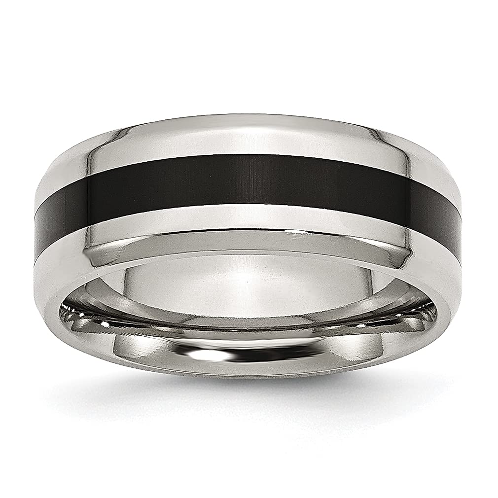ICE CARATS 8mm Stainless Steel Black Enamel Beveled Edge Wedding Band Ring - Elegant Fashion Jewelry for Women | Perfect Anniversary Gift, Engagement Ring & Everyday Wear