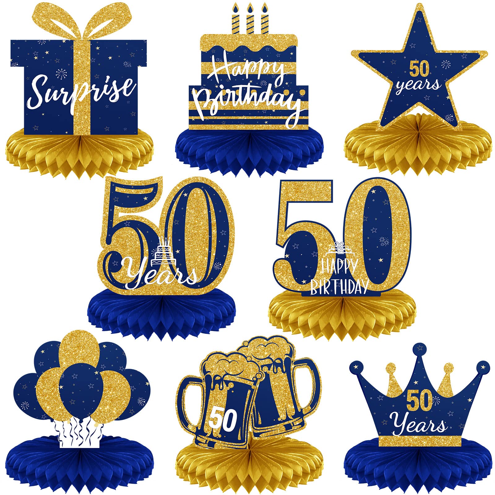 8-Piece 50th Birthday Party Decor Set - Glitter Blue & Gold Honeycomb Centerpieces for Tables - Golden Anniversary Decorations for Men & Women - Perfect for Milestone Celebrations, Retirement Parties & Anniversary Events