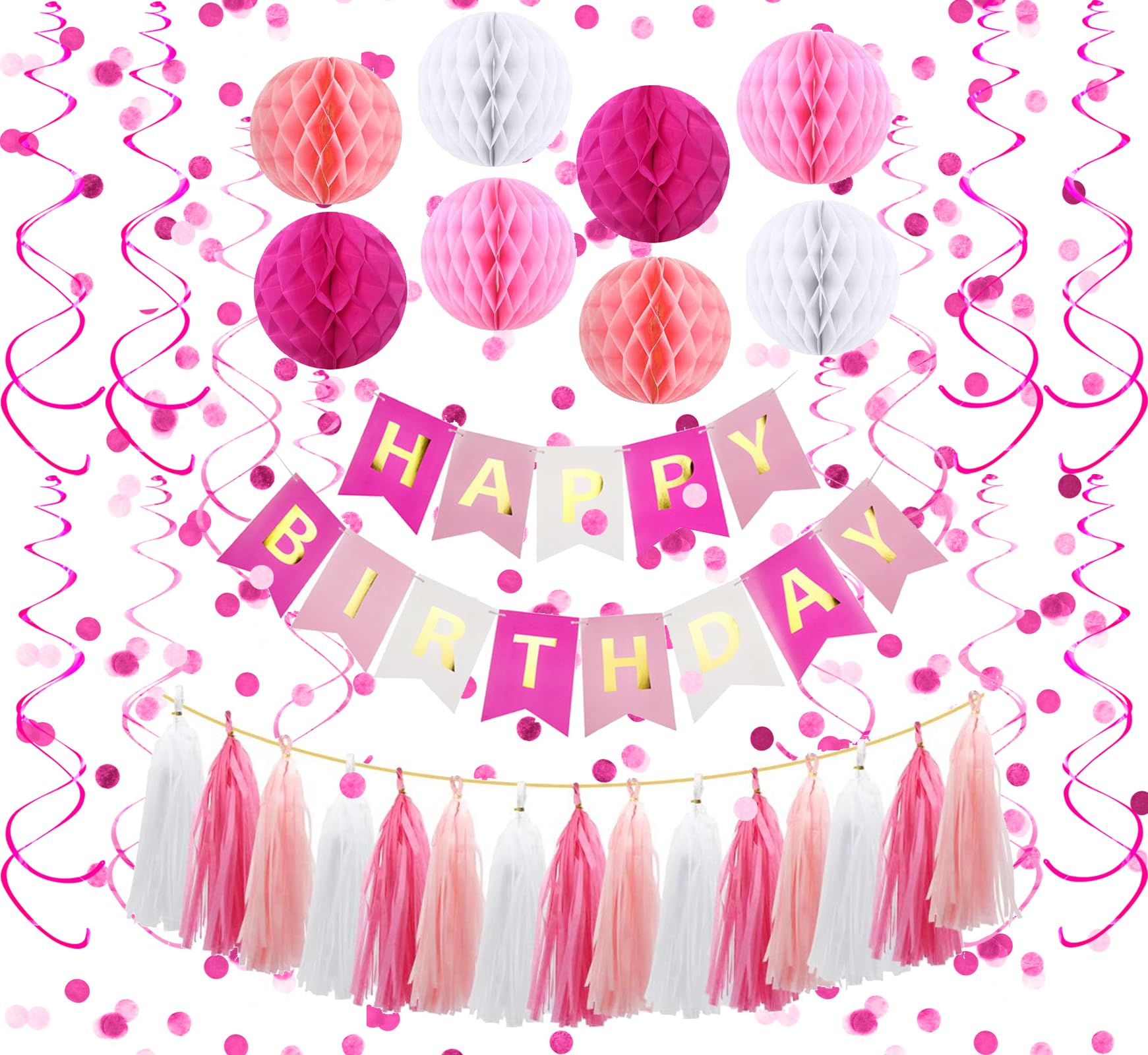 Pink Birthday Party Decorations Set - Happy Birthday Banner, Hanging Swirls, Confetti, Honeycomb Balls & Tissue Tassels for Girls' Birthday, Baby Shower & Anniversary Celebrations