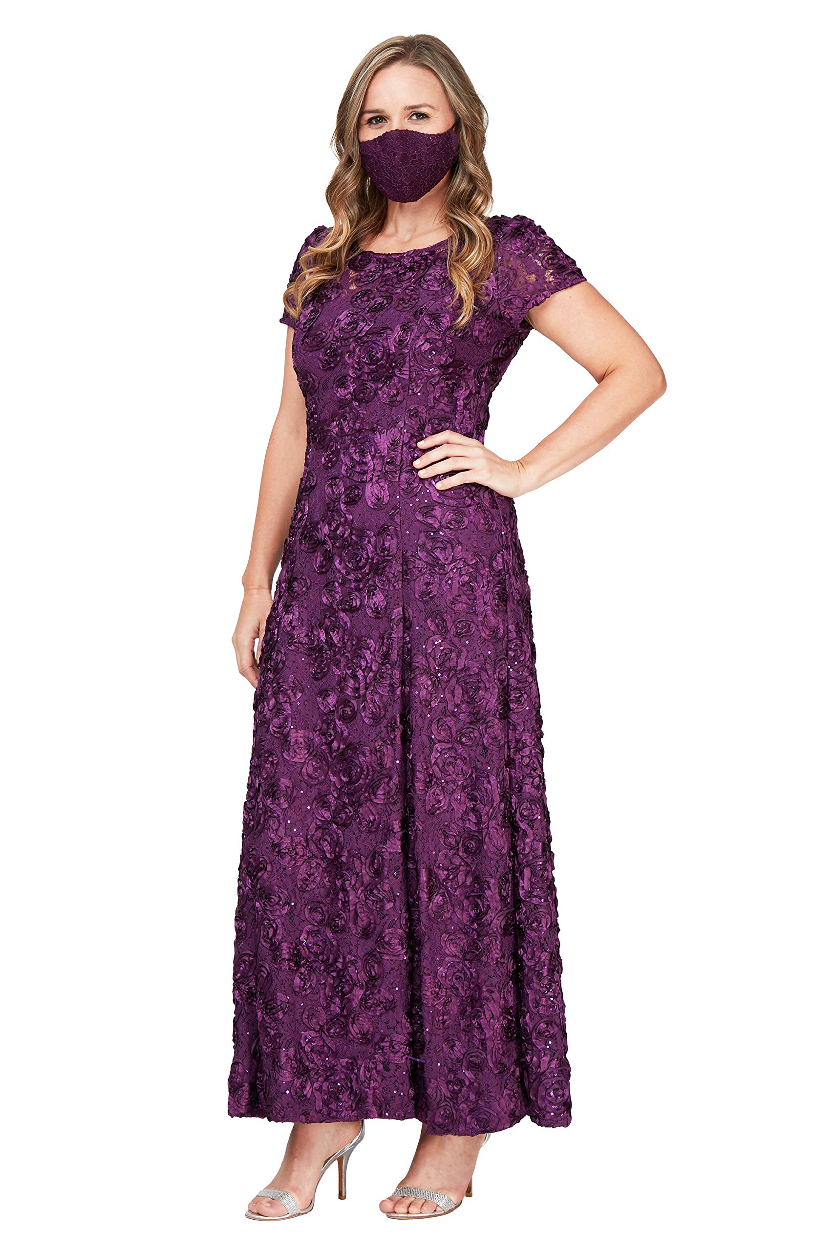 Alex Evenings Women's Plus Size Long Rosette Mother of The Bride Dress with Short Sleeves - Elegant Formal Gown for Wedding Guest, Bridal Shower, Evening Party & Special Occasions