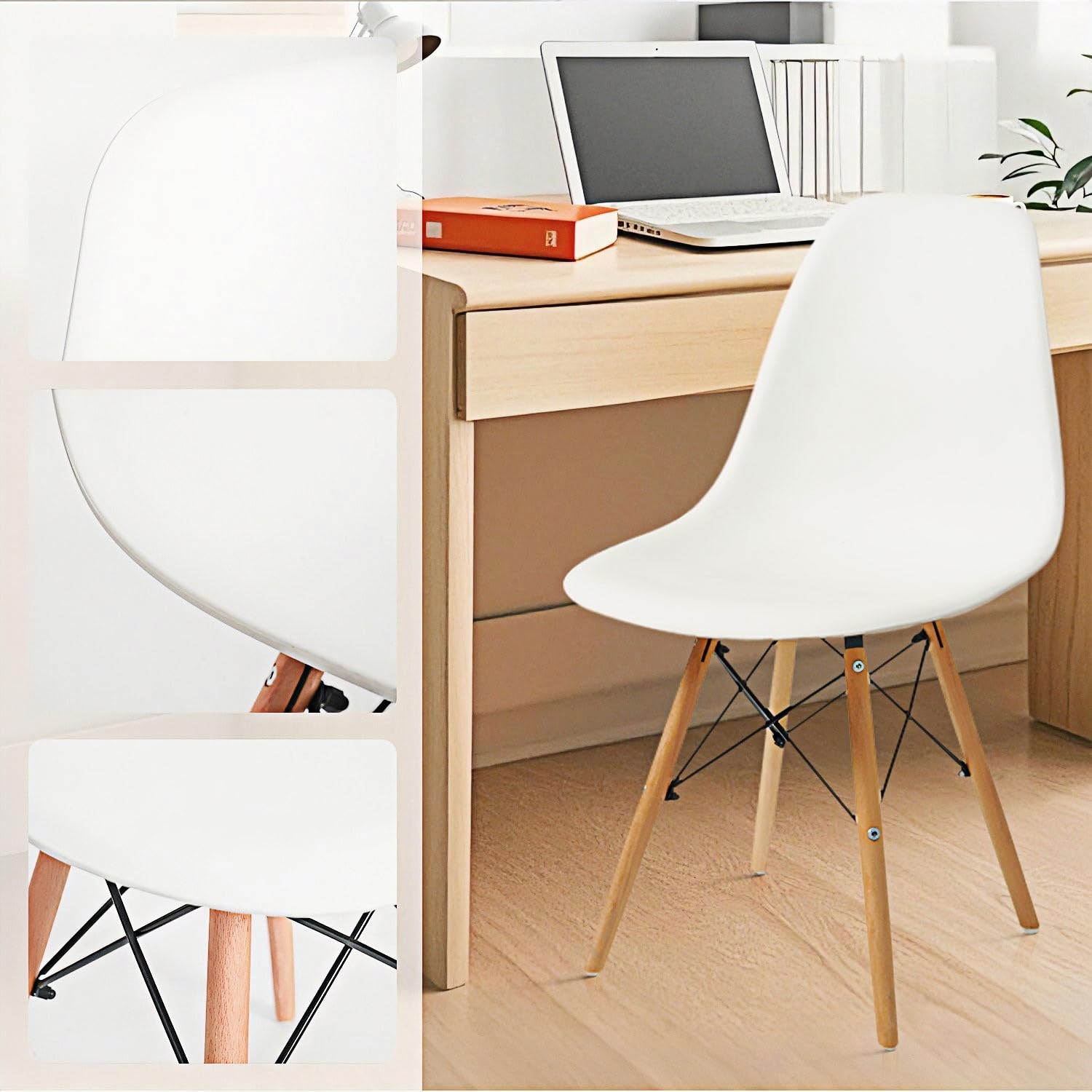 Modern Mid-Century Dining Chair - Set of 2 White Plastic Shell Chairs with Natural Wooden Legs for Kitchen, Dining Room, Bedroom & Living Room | Comfortable Lounge Seating for Home Decor & Entertaining