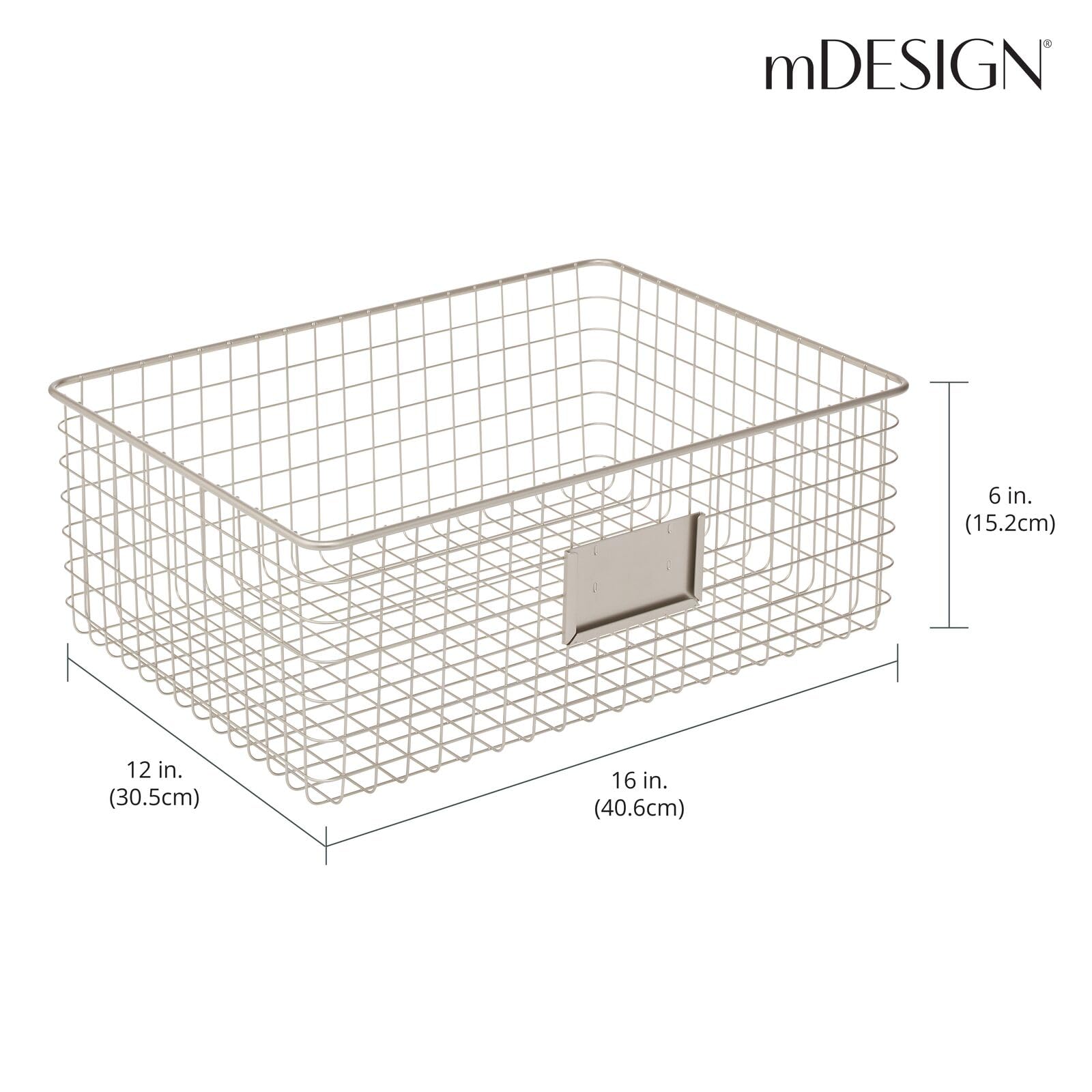 mDesign Wide Steel Wired Storage Organizer Bins with Label Slots - 4 Pack Satin Finish for Kitchen Pantry, Cabinet & Home Organization | Perfect for Food Storage, Snacks, Produce & Drinks | Omaha Collection | Ideal for Pantry Shelving, Refrigerator Organization & Closet Storage