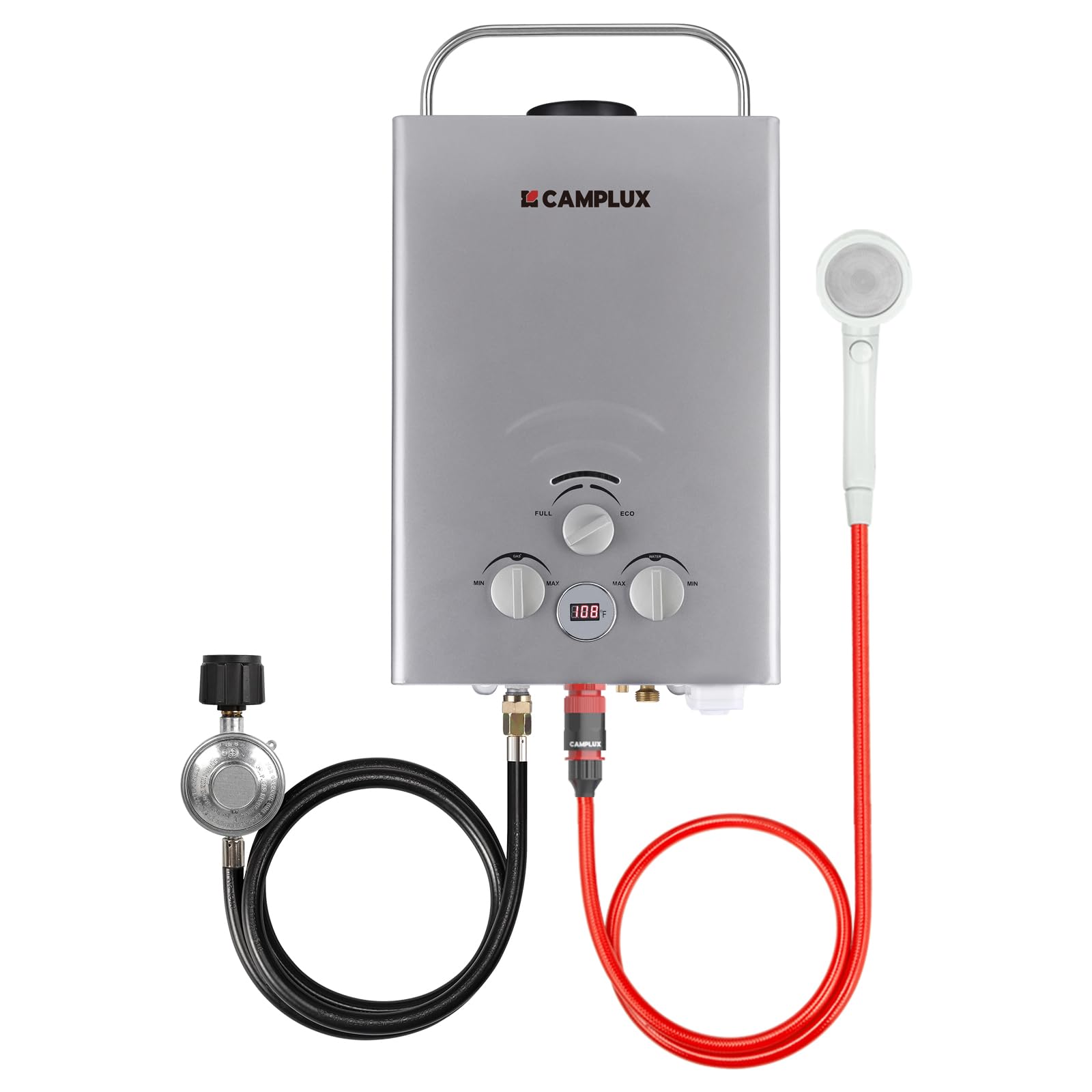 CAMPLUX 1.58 GPM Portable Propane Water Heater - 41,000 BTU Outdoor Tankless Water Heater for Camping, RV, Hunting & Off-Grid Living - Easy Installation, Gray (Perfect for Outdoor Showers, Washing Dishes & Emergency Hot Water)