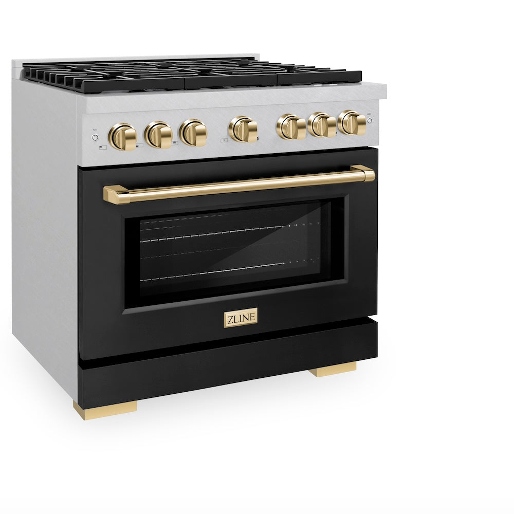 ZLINE Autograph Edition 36-inch 5.2 cu. ft. Dual Fuel Range - 6 Burner Gas Cooktop & Electric Convection Oven - Satin Stainless Steel with Black Matte Door & Polished Gold Accents (SDRSZ BLM 36 G) - Perfect for Gourmet Kitchens & Professional Chefs
