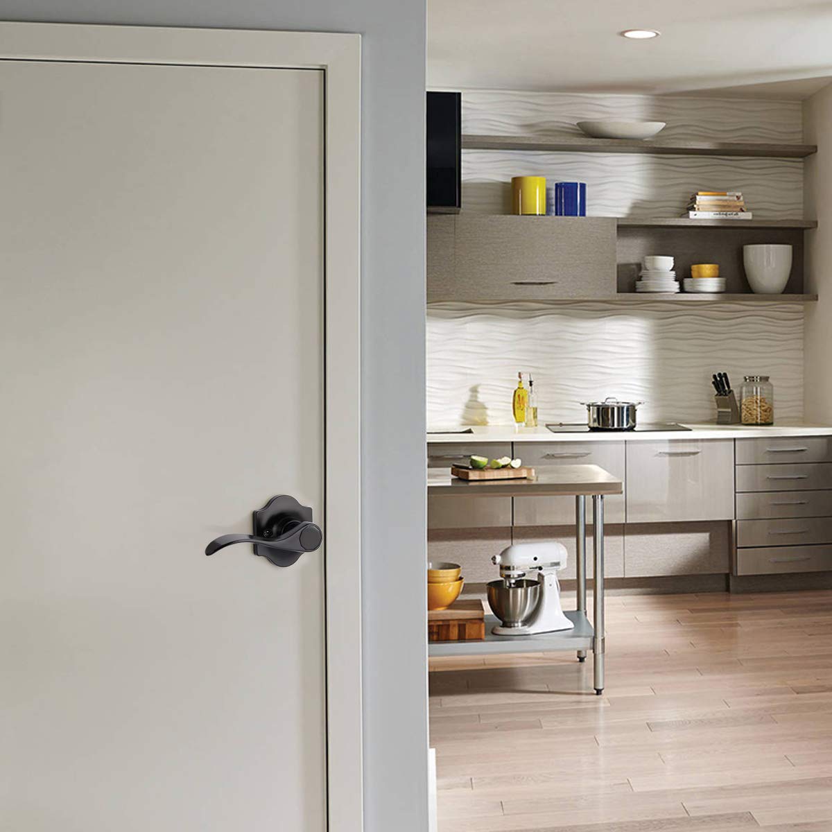 Probrico Left-Handed Half Dummy Door Lever - Elegant Wave Design with Camelot Trim, Black Non-Turning Lock Handle for Hallway & Closet (1 Pack) - Perfect for Bedrooms, Offices & Interior Doors
