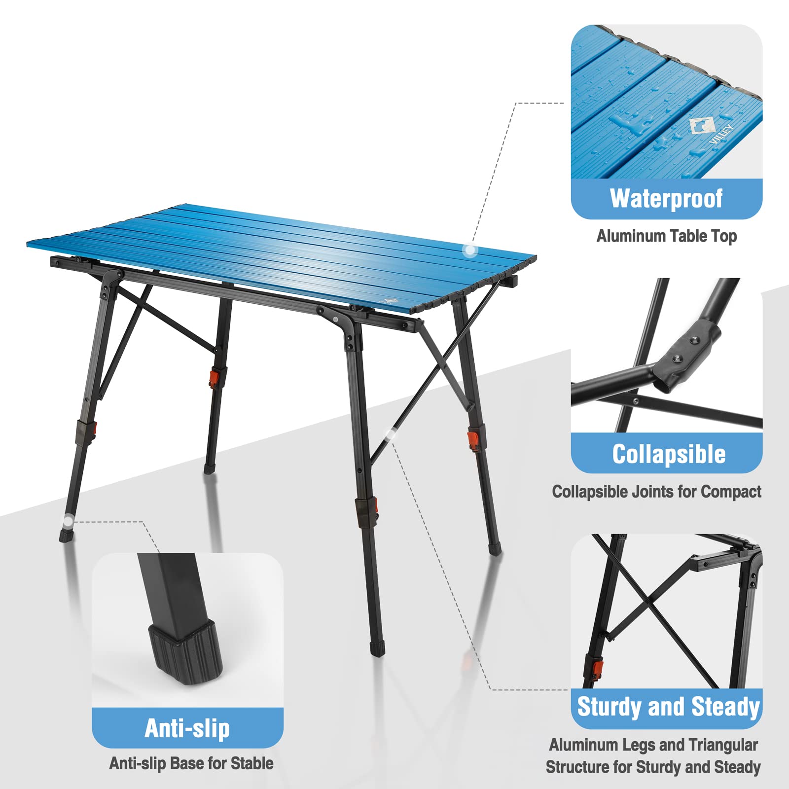 VILLEY Portable Camping Table with Adjustable Height - Lightweight Aluminum Folding Table for Outdoor Cooking, Picnic, Beach, Backyard, BBQ & Travel - Includes Carrying Bag | Perfect for Camping Trips, Tailgating & Beach Parties