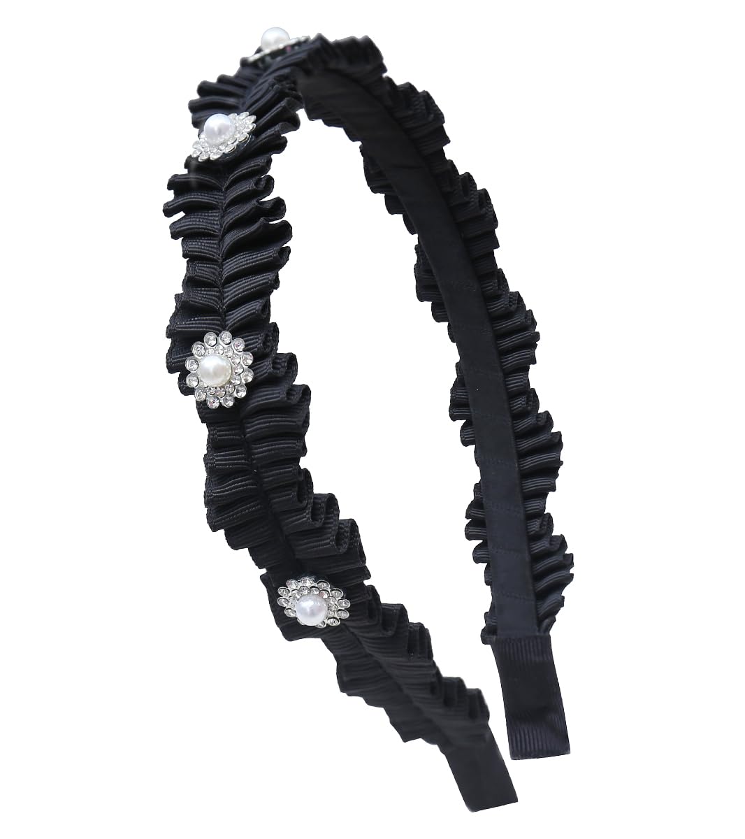 YARN & INK Women's Vintage Pearl Headband - Black Fabric Hair Accessory with Jeweled Pearls for Women & Girls | Non-Slip, Lightweight & Comfortable Head Wrap | Perfect for Weddings, Parties & Everyday Wear (Pleated Design)