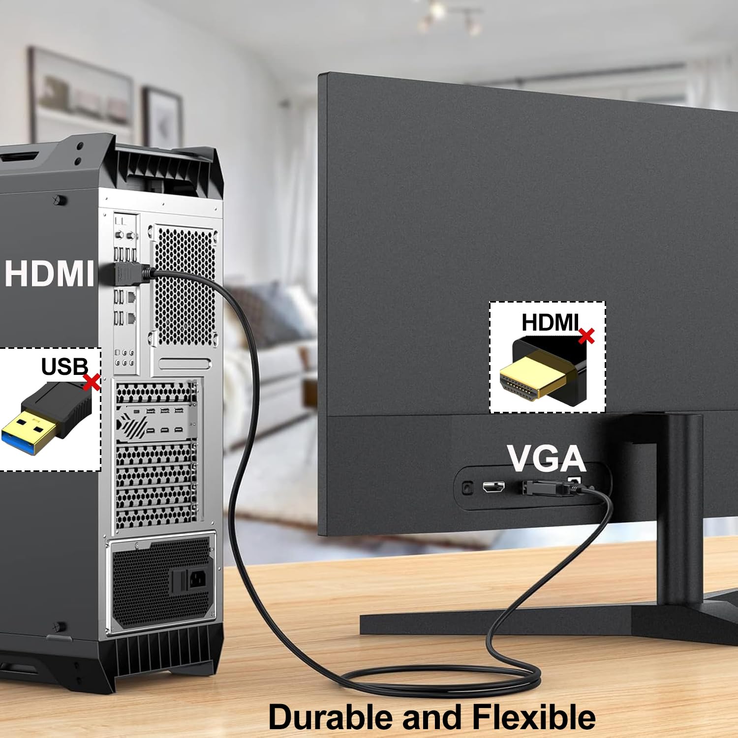 HDMI to VGA Cable 3FT, Male to Male Adapter for Raspberry Pi, Roku, PC, Laptop, Monitor, Projector, HDTV - Ideal for Home Office, Classroom, and Conference Room Setups