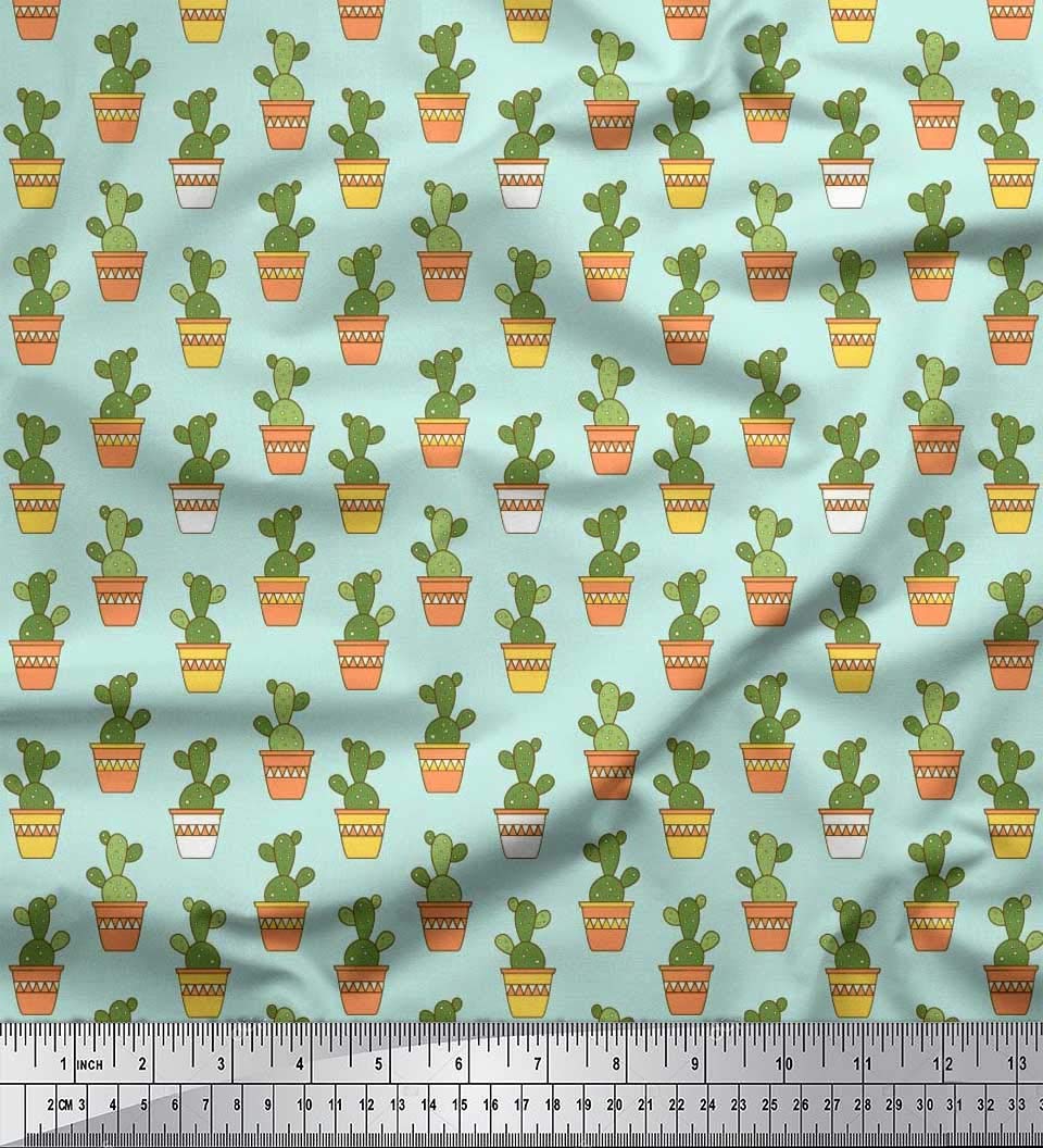 Soimoi 100% Silk Fabric - Pot & Cactus Tree Print - 42 Inch Wide by The Yard - Perfect for DIY Home Decor, Fashion Sewing & Craft Projects