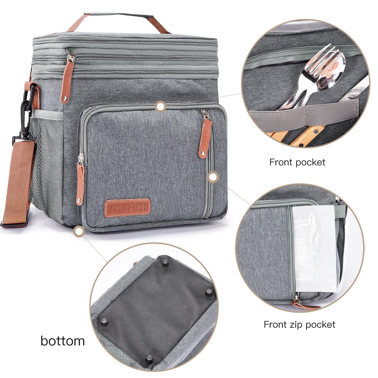 Insulated Double Compartment Lunch Bag for Men & Women - Large Reusable Water-Resistant Cooler Tote with 2 Roomy Pockets (Grey) | Perfect for Work, School, Picnics & Outdoor Activities