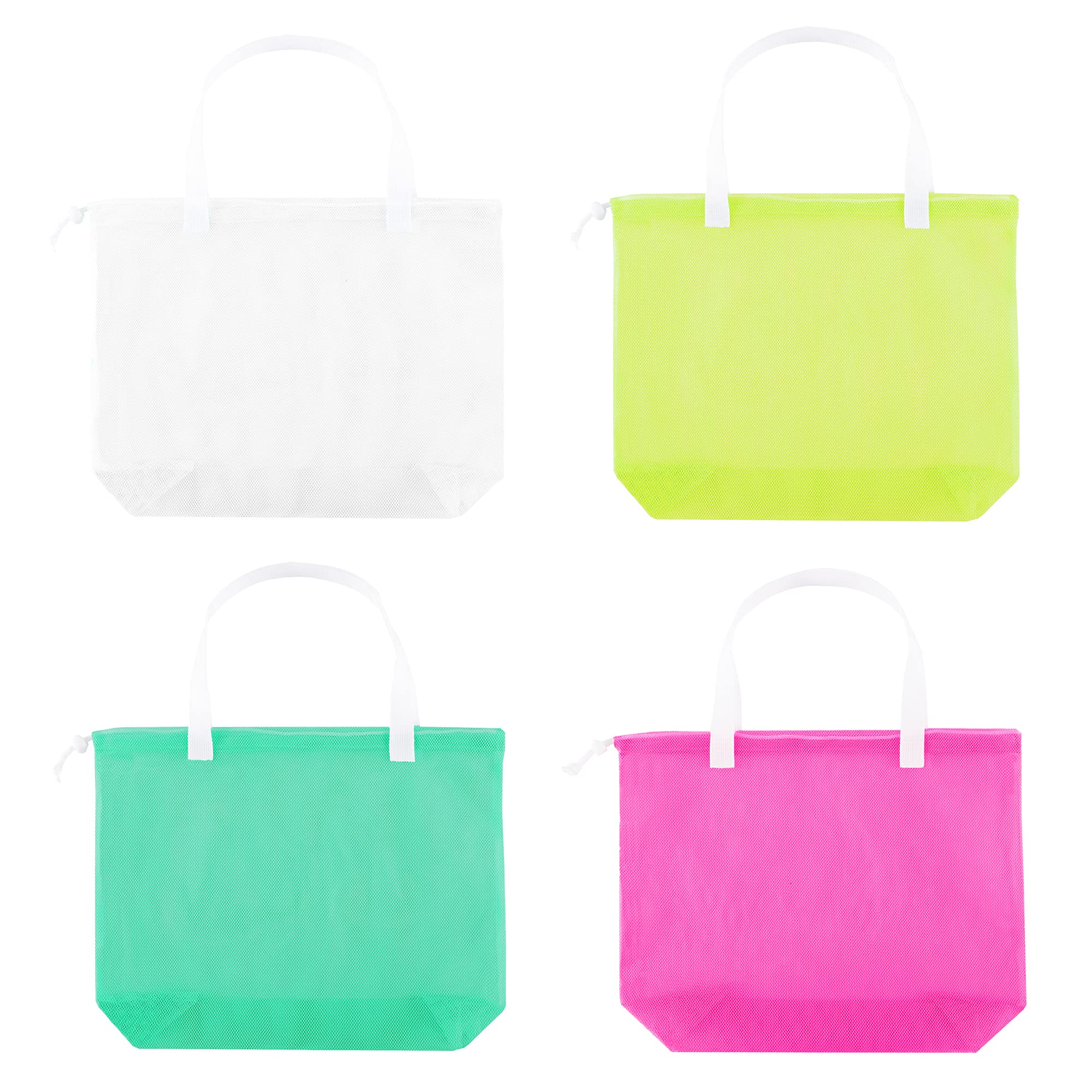4 Pack Reusable Mesh Tote Bags with Drawstring - Lightweight Beach Bags for Kids Toys, Travel, Picnic, Laundry & Grocery Storage - Perfect for Pool, Camping & Outdoor Activities