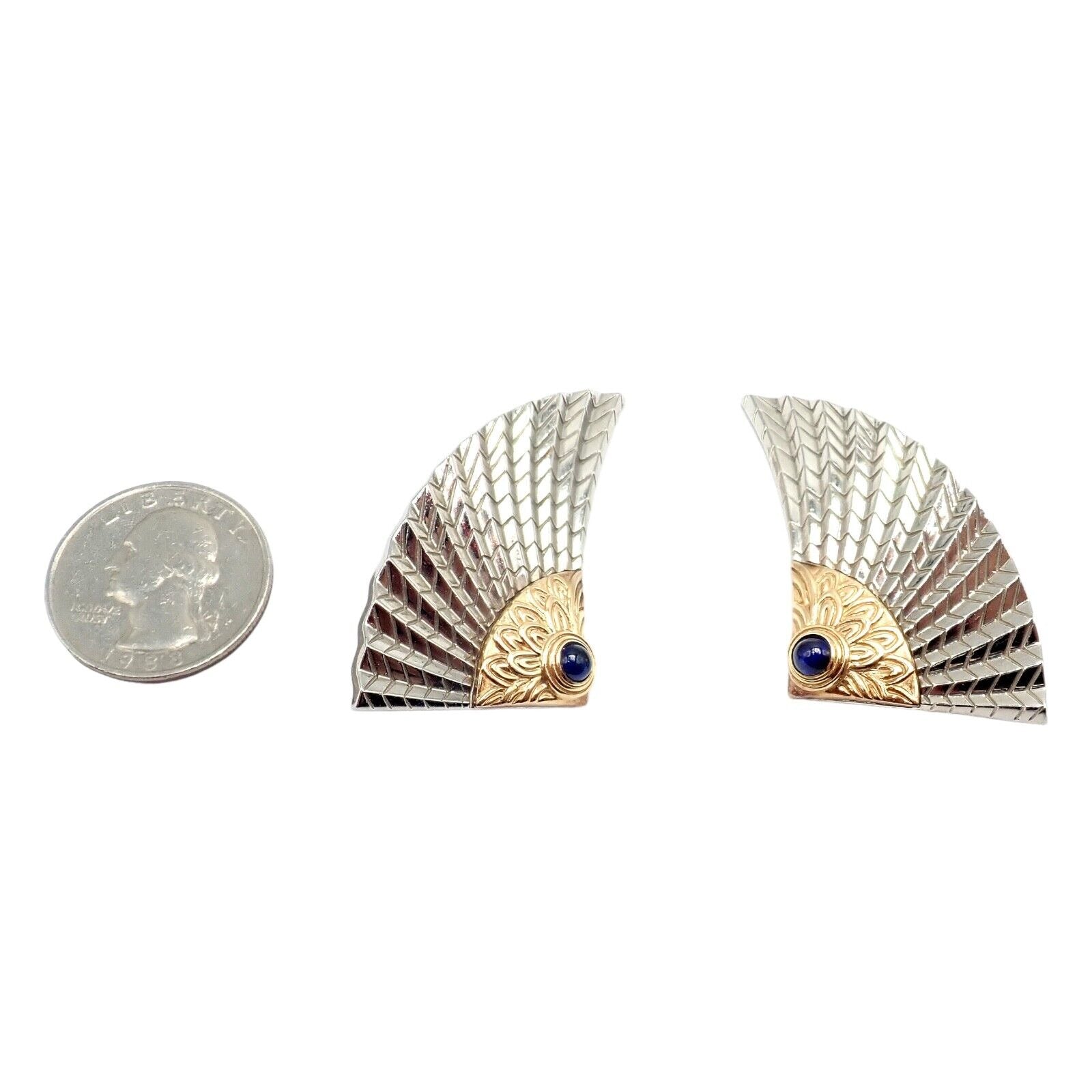 Exquisite Erte CFA 14k Yellow Gold & Silver Nile Large Fan Sapphire Earrings - Vintage Luxury Jewelry for Women - Perfect for Evening Gala, Wedding & Special Occasions