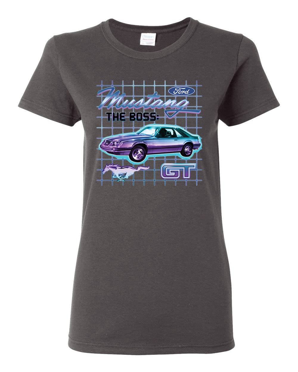 Ford Mustang GT The Boss Retro Neon Vintage Graphic T-Shirt for Women - Classic Muscle Car Tee for Casual Wear, Car Shows & Vintage Enthusiasts