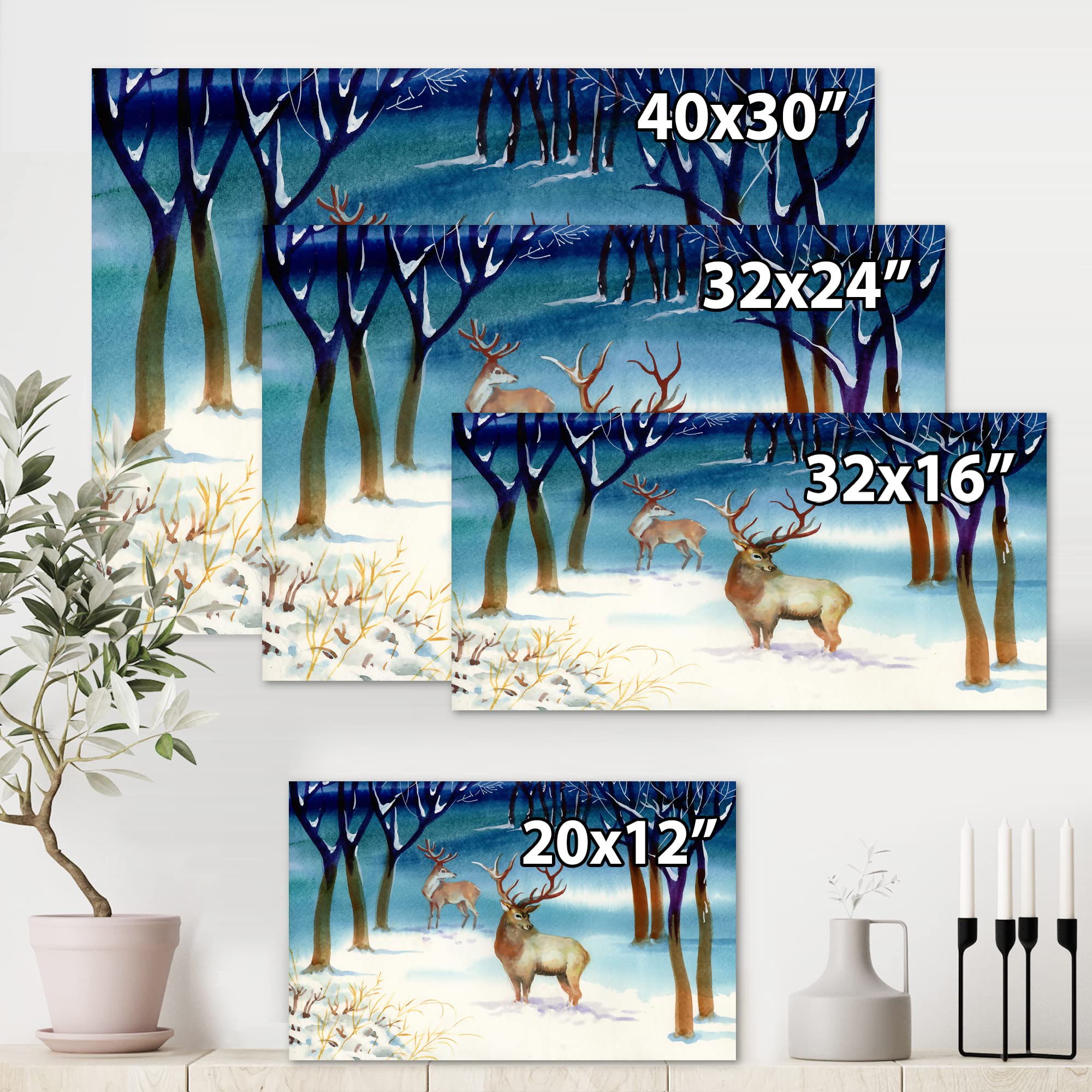 Winter Landscape With Deer Traditional Canvas Wall Art - Nature Inspired Home Decor for Living Room, Bedroom & Office