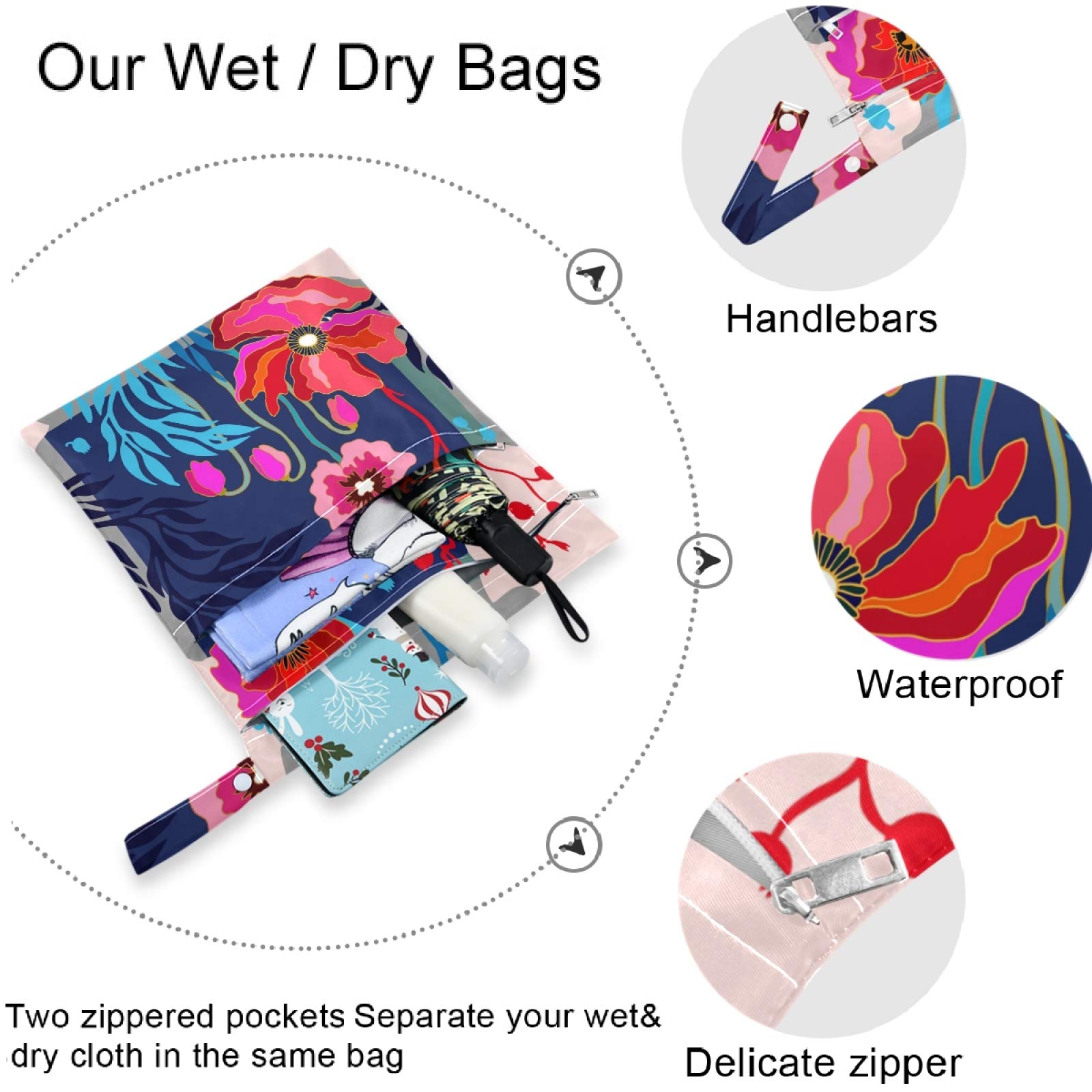 Visesunny 2-Pack Cute Floral Wet Bags with Zipper Pockets - Reusable Waterproof Washable Storage for Diapers, Swimsuits & Gym Clothes - Perfect for Travel, Beach, Pool, Daycare, Stroller & Toiletries Organization