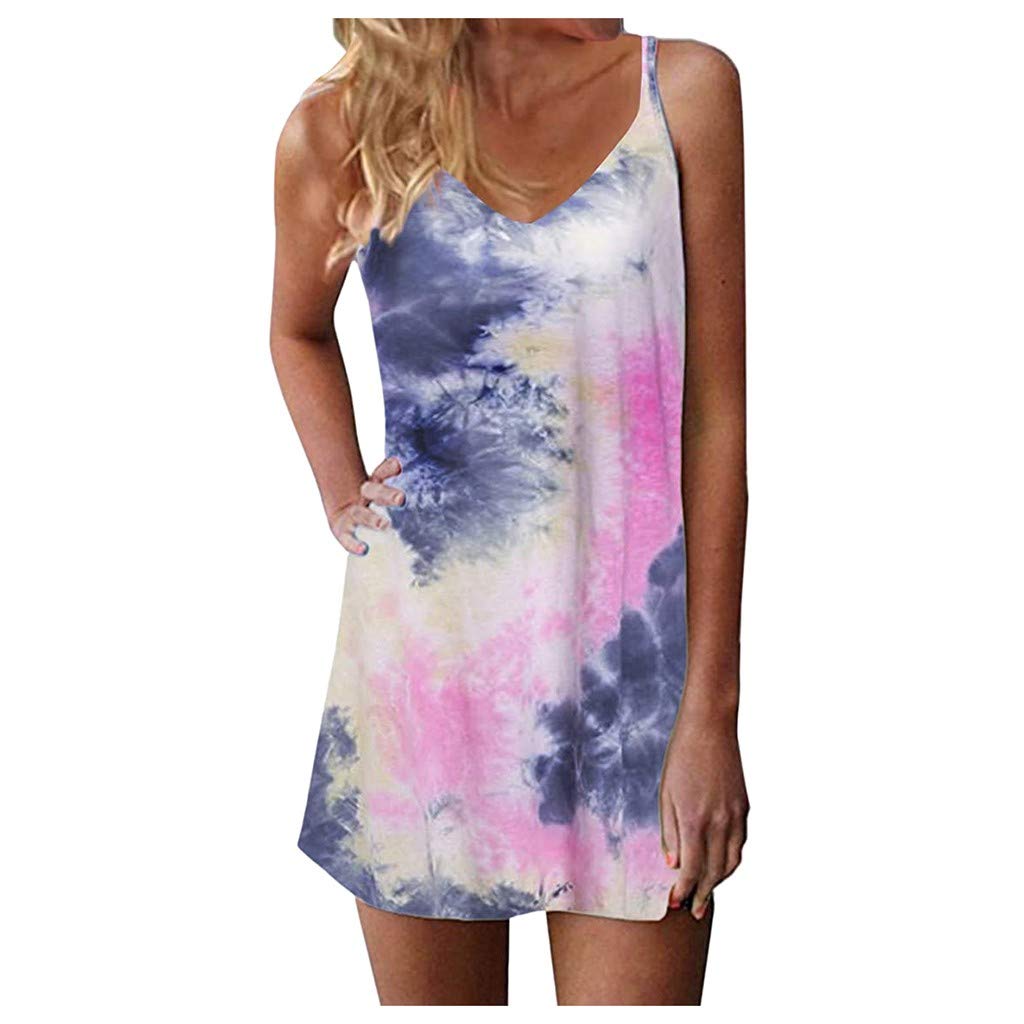 FRETRG Women's Tie-Dye Gradient Sleeveless Summer Dress - Adjustable Strappy Swing Dress for Beach, Vacation & Casual Wear | Flowy Shift Dress for Outdoor Parties, Travel & Summer Outfits
